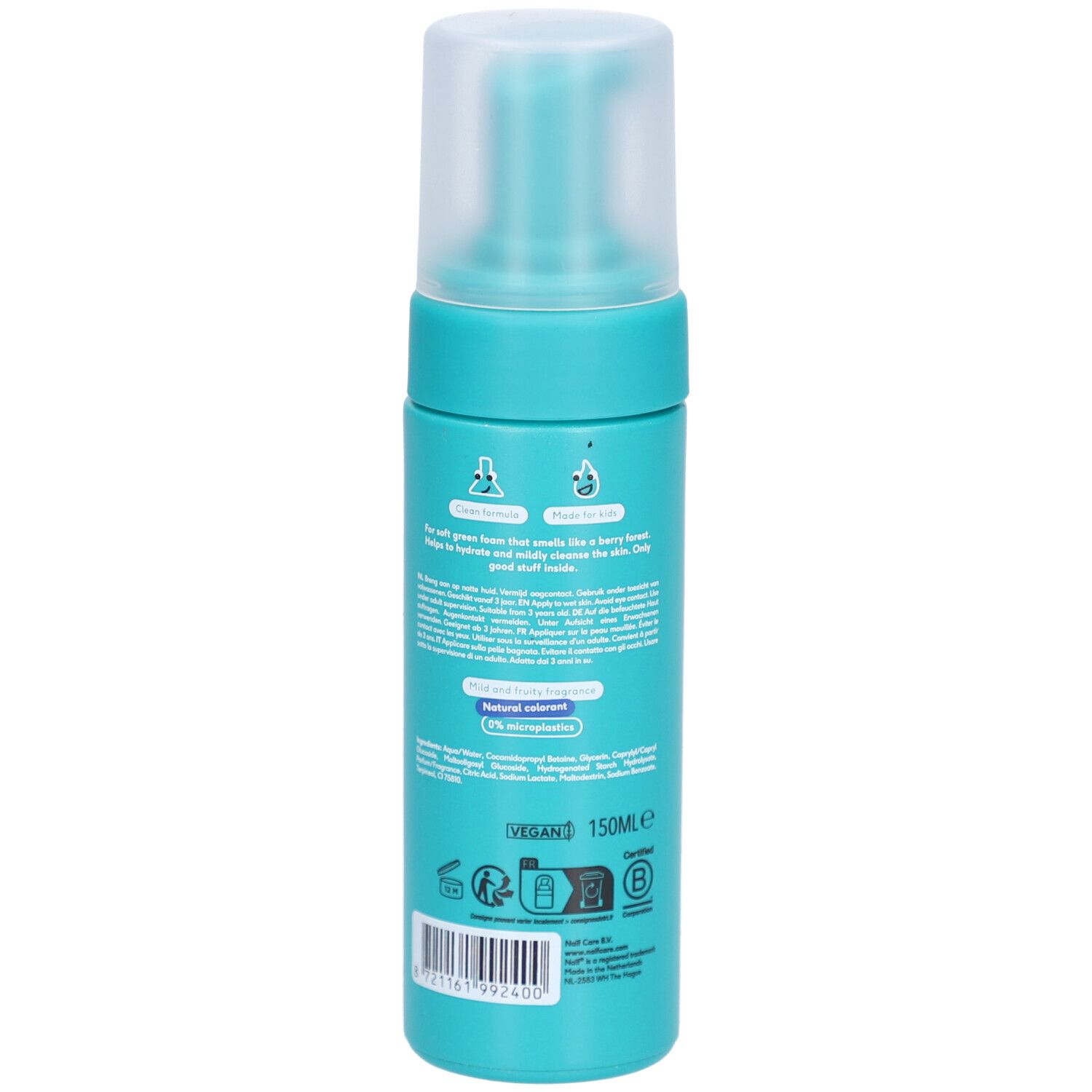 Dos du flacon turquoise avec texte et logos. Label Vegan et indication de volume 150ml.