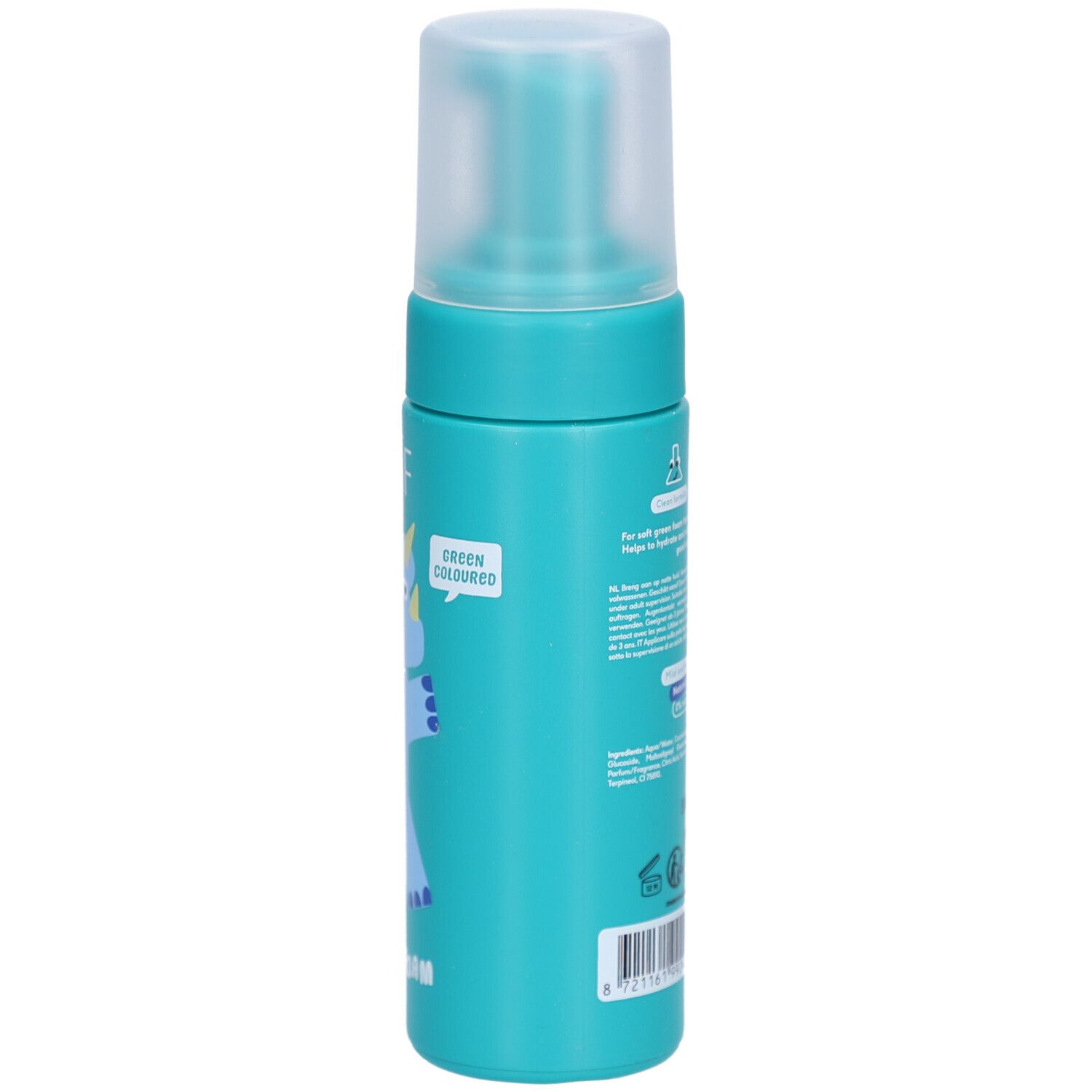 Flacon turquoise avec pompe. Inscription : NAÏF. Texte et logos sur le côté. Bulle.