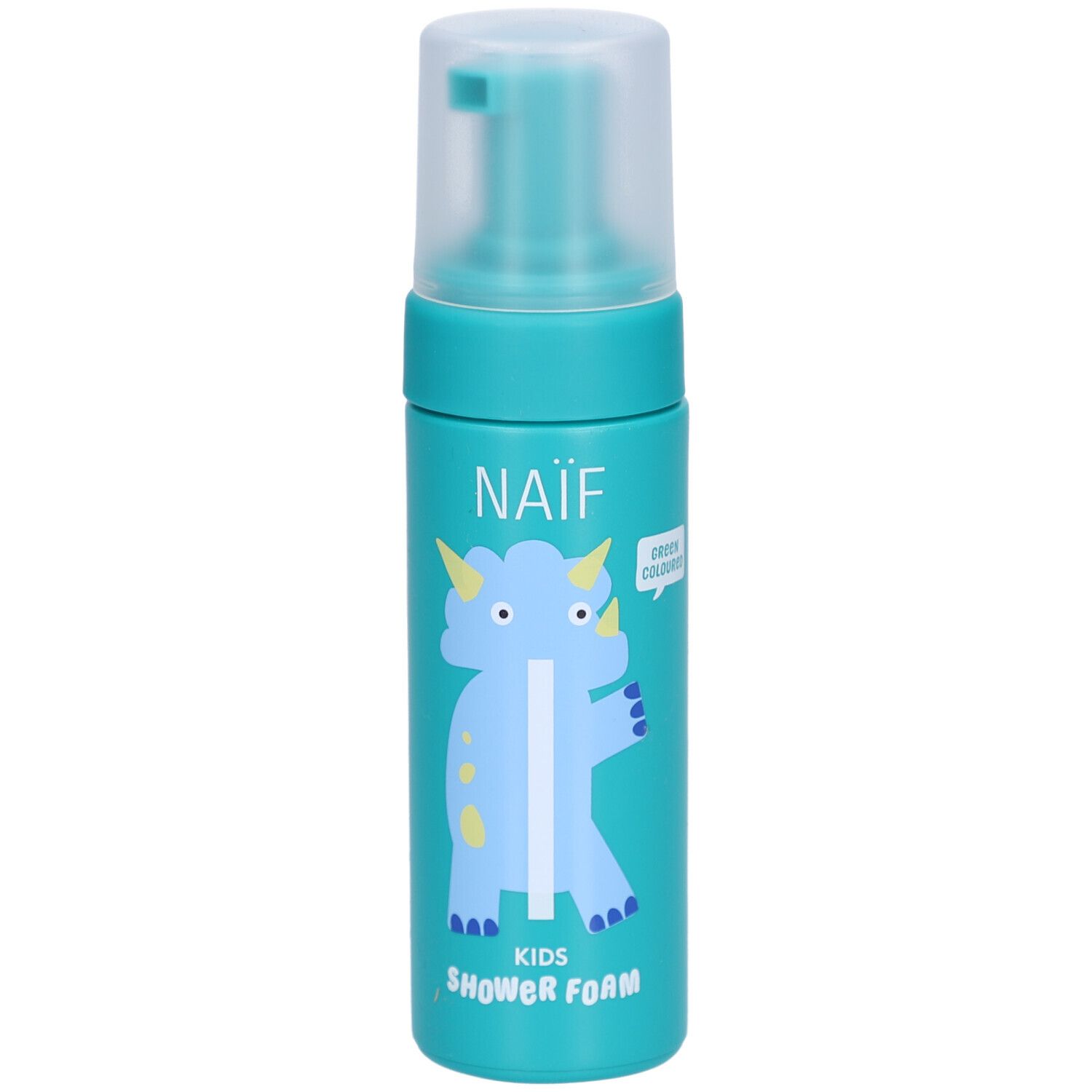 Flacon turquoise avec pompe. Inscription : NAÏF, KIDS SHOWER FOAM. Illustration d'un dinosaure bleu.