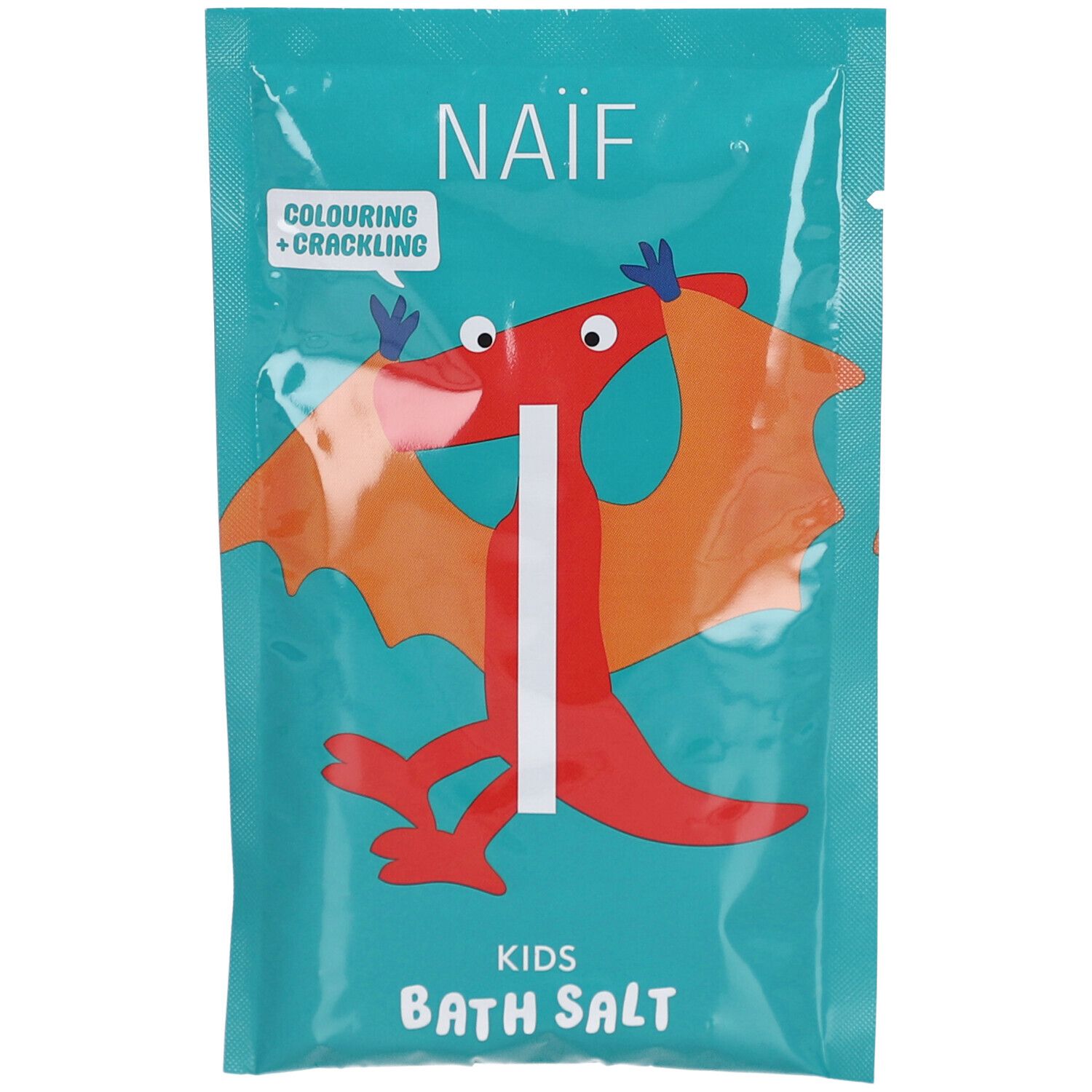 Emballage turquoise avec un design de dragon rouge. Contient 'NAÏF' et 'KIDS BATH SALT'. Texte 'Colouring + Crackling'.