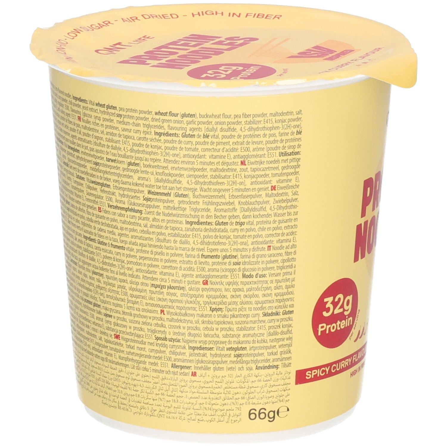 Rückseite der QNT Protein Noodles Packung mit Zutatenliste und Nährwertangaben.