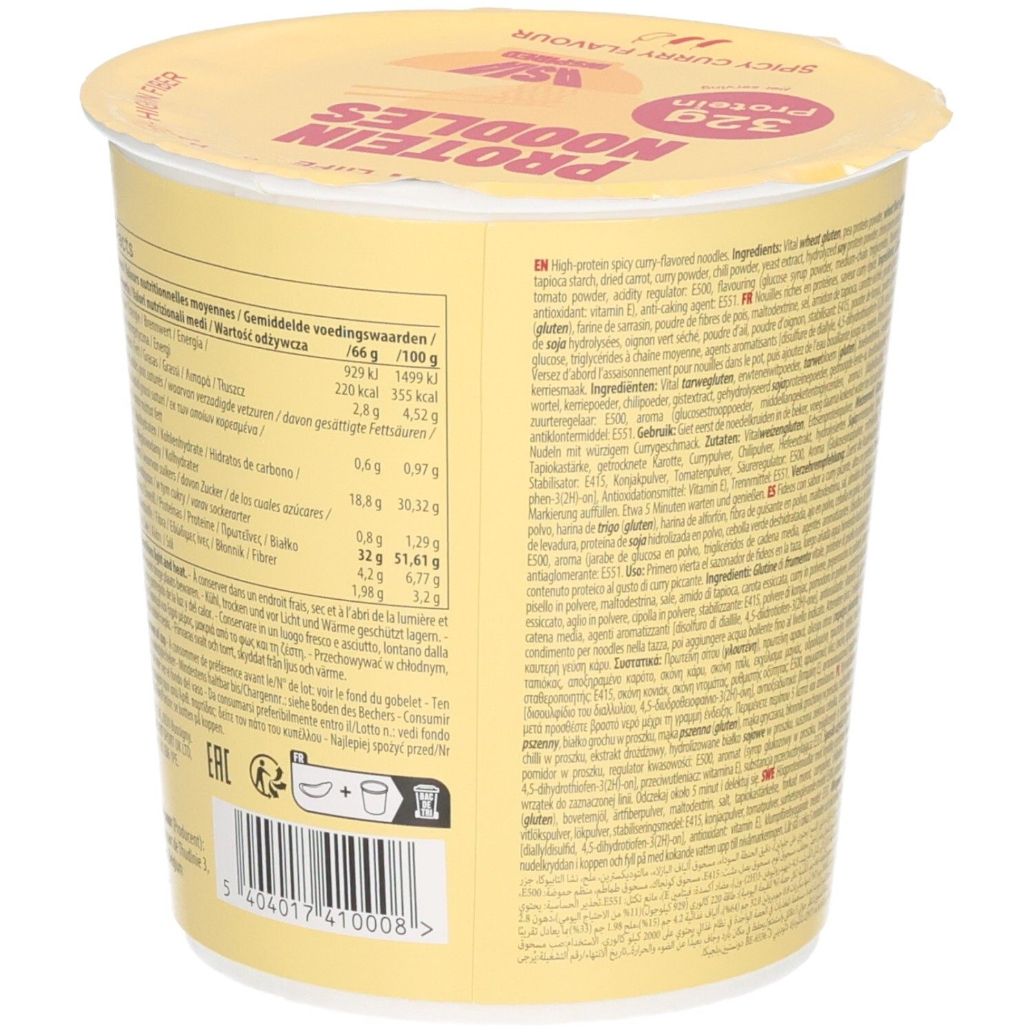 Seitenansicht der QNT Protein Noodles Packung mit detaillierten Nährwertangaben und Zutaten.