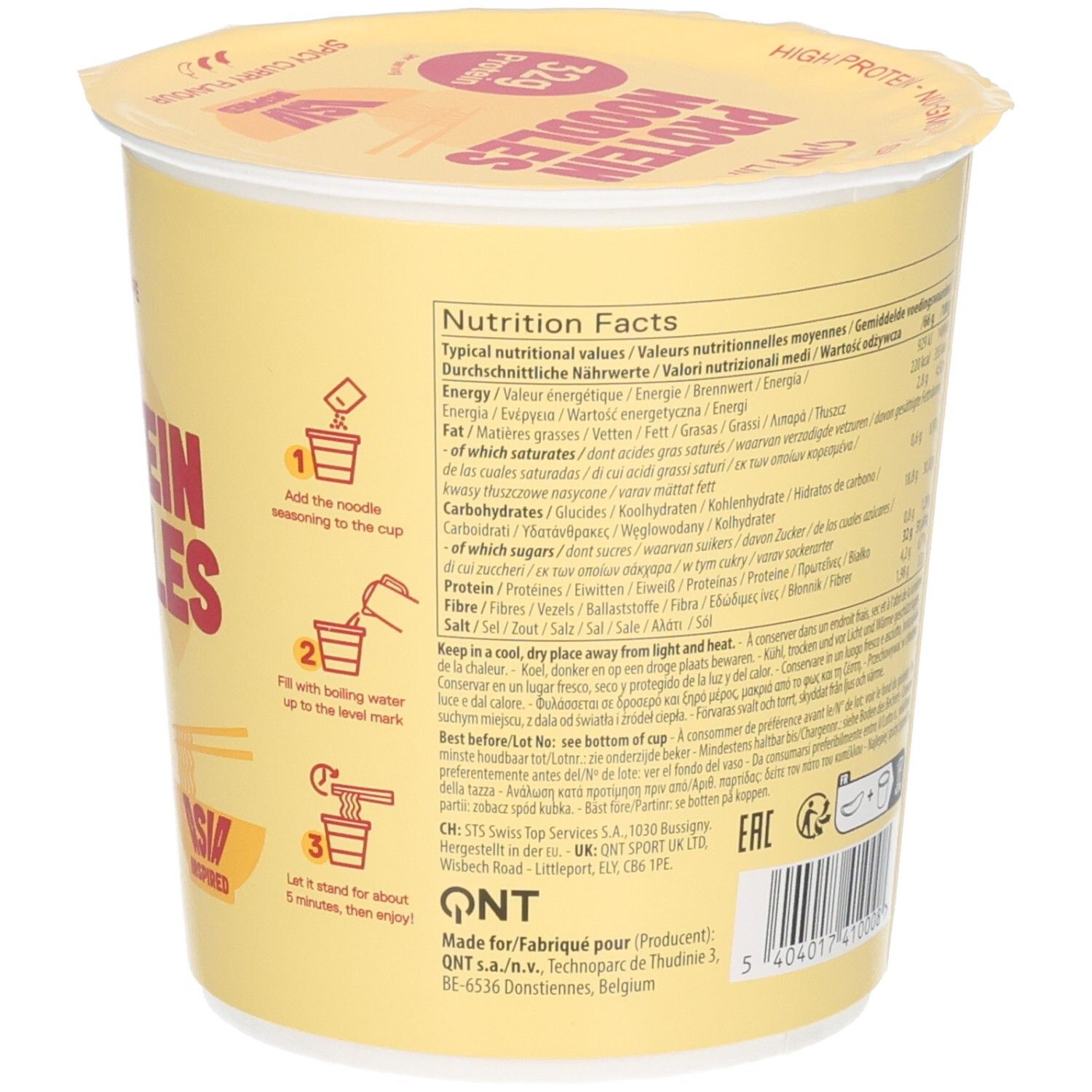 Rückseite der QNT Protein Noodles Packung mit Zubereitungsschritten und Nährwertangaben.