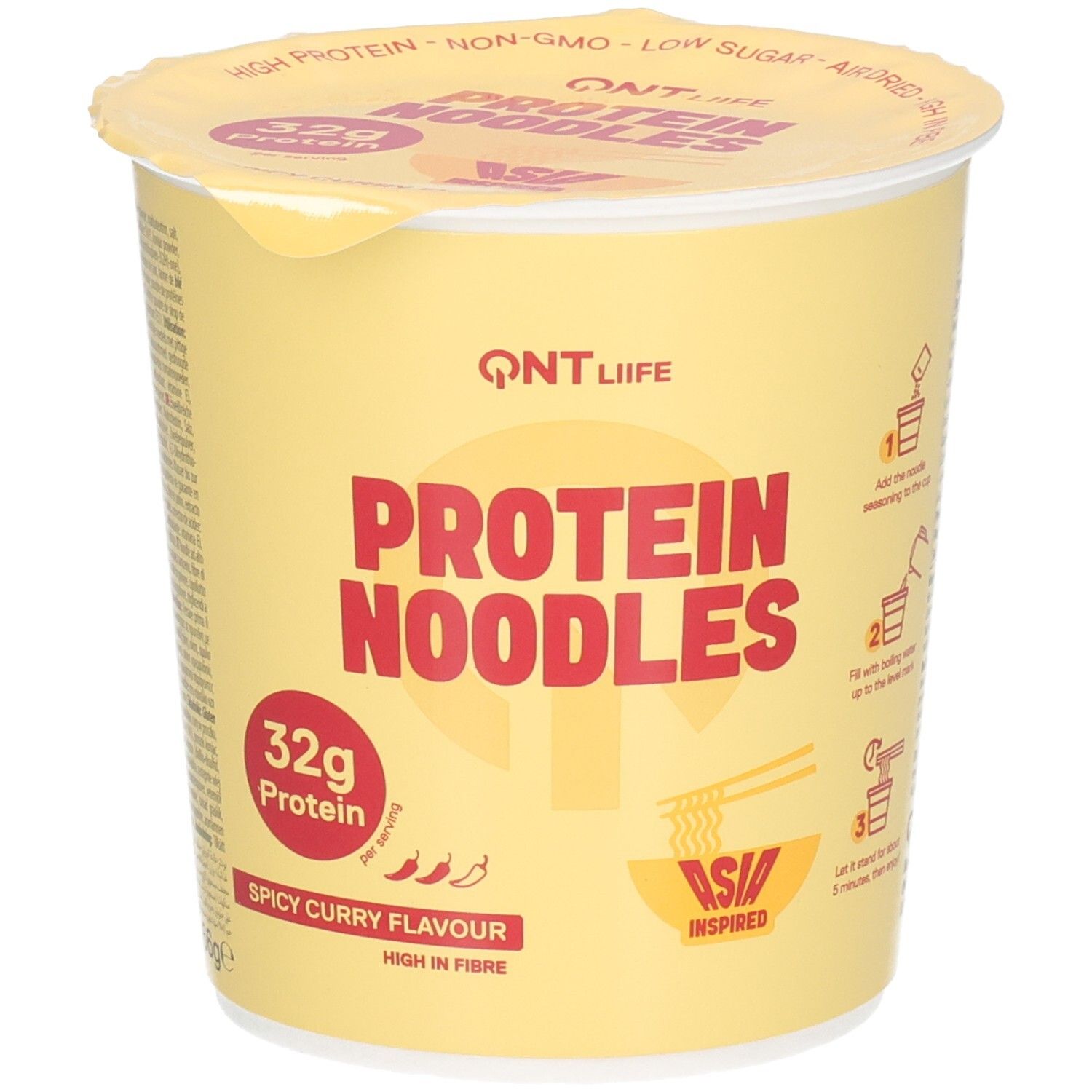 QNT Protein Noodles, Spicy Curry Geschmack, mit Zubereitungshinweisen und Nährwertangaben.