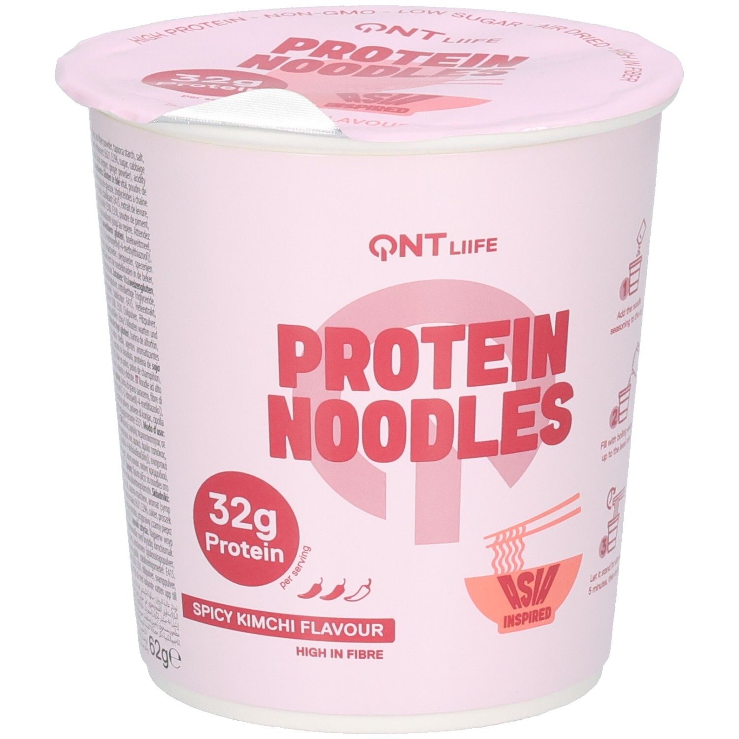 QNT Protein Noodles, würzige Kimchi-Geschmacksrichtung, 32g Protein pro Portion.