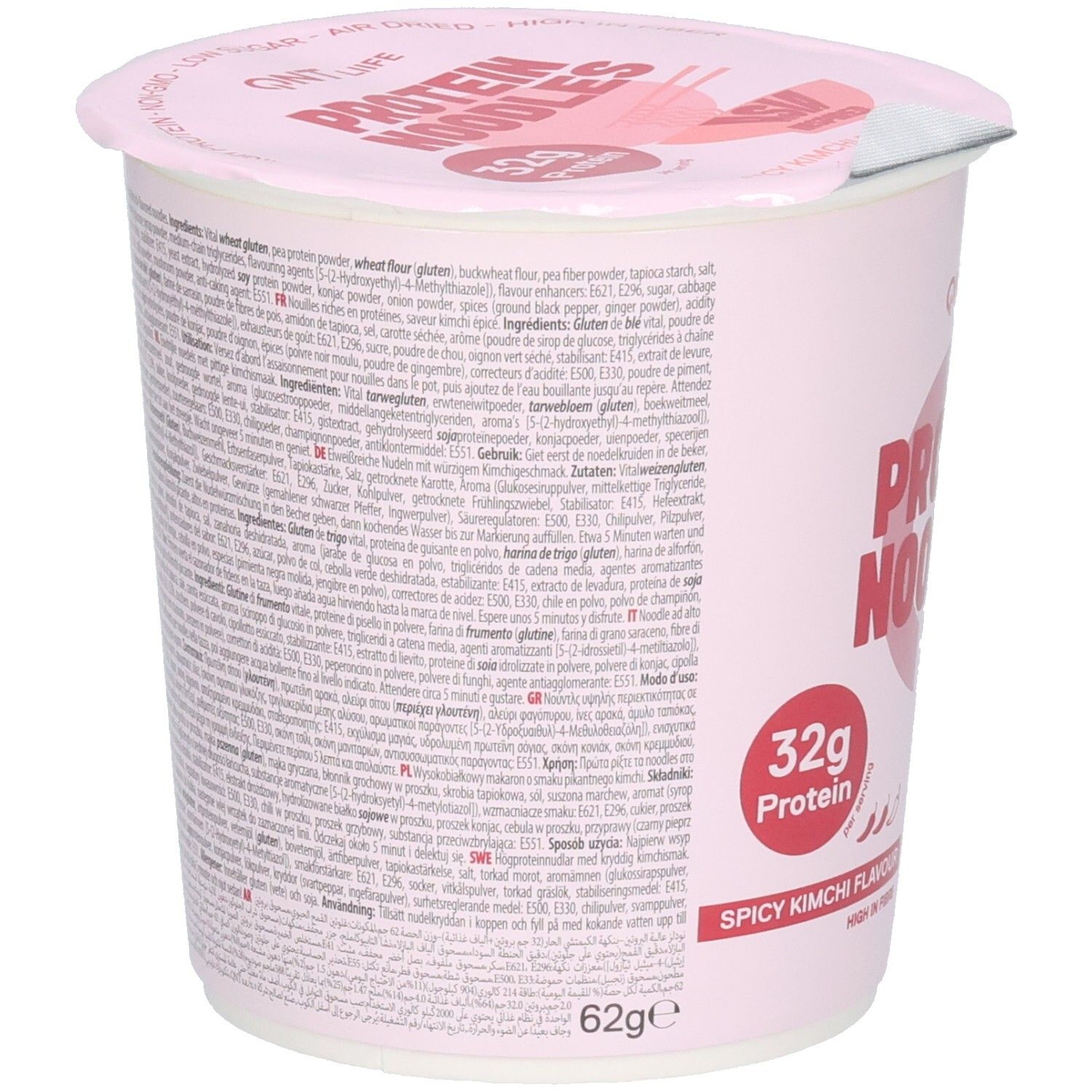 Rückseite der QNT Protein Noodles Packung mit Zutatenliste und Nährwertangaben.