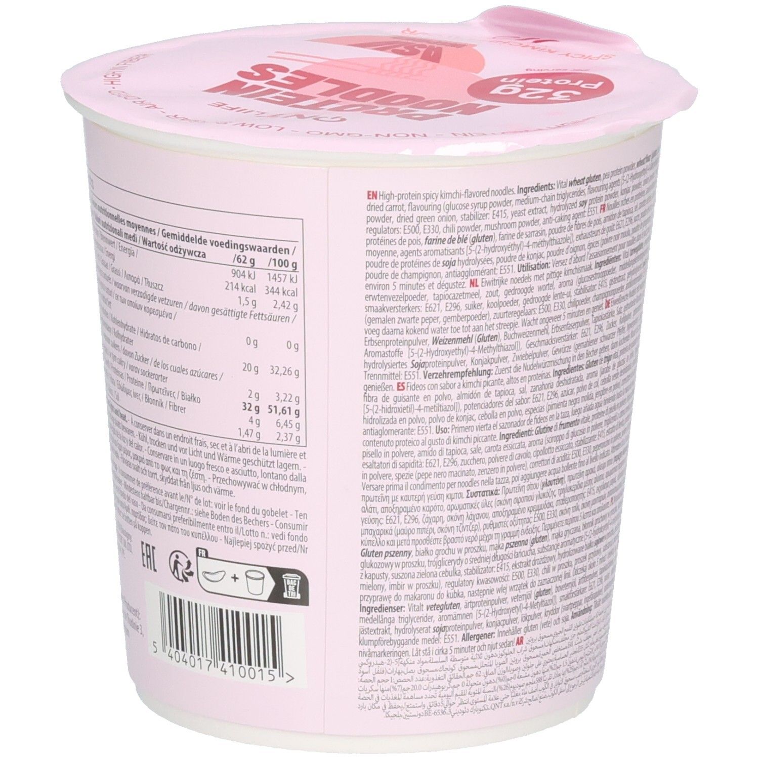 Seitenansicht der QNT Protein Noodles Packung mit Nährwerttabelle und Barcode.