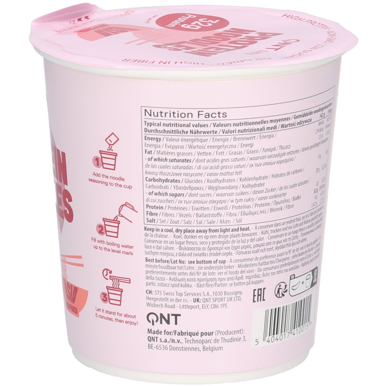 Rückseite der QNT Protein Noodles Packung mit Nährwertangaben und Zubereitungshinweisen.