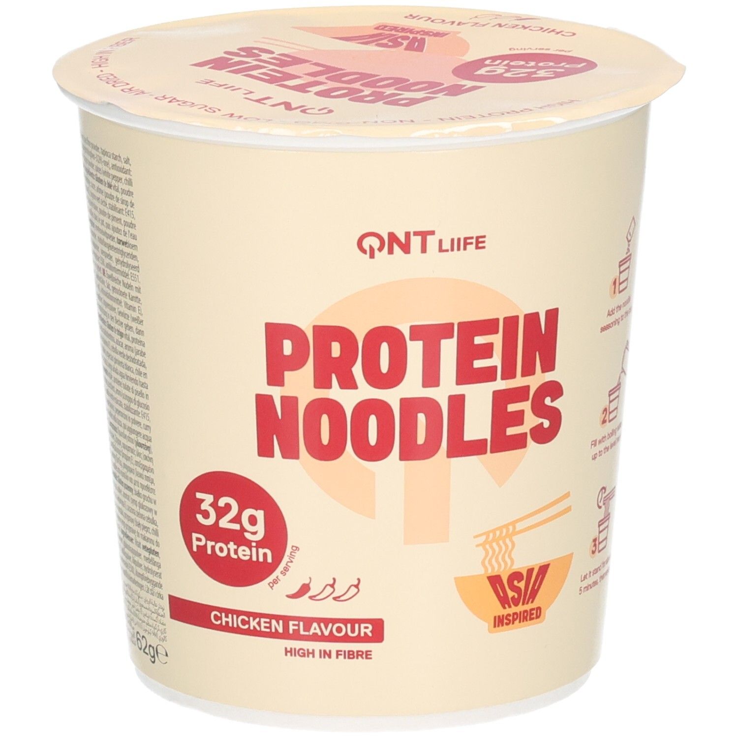 Becher mit QNT LIFE Protein Nudeln, Hühnergeschmack, 32g Protein pro Portion.