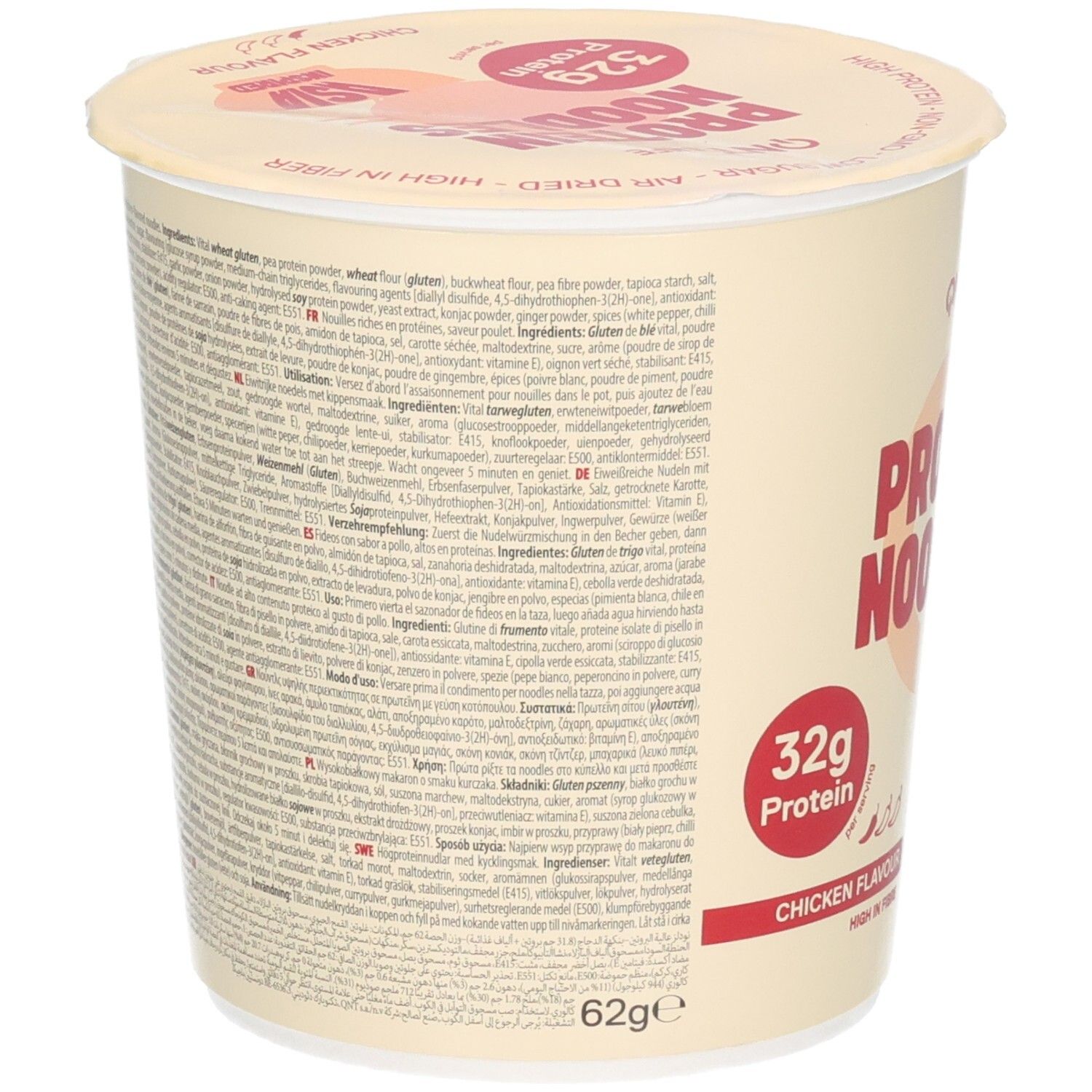 Rückseite des Bechers mit Nährwertangaben und Zutatenliste für QNT LIFE Protein Nudeln.