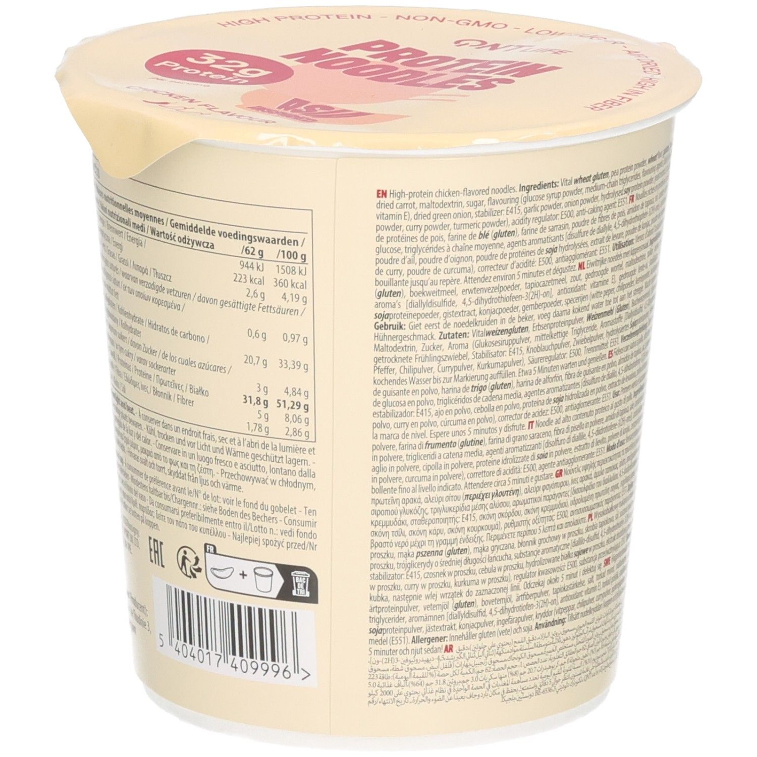 Seite des Bechers mit Nährwertangaben und Barcode für QNT LIFE Protein Nudeln.
