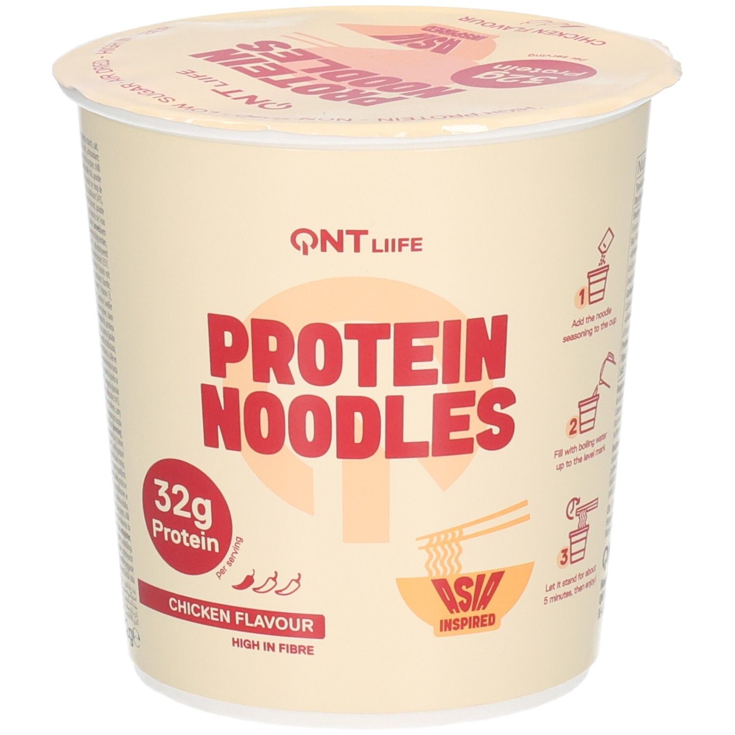 Becher mit QNT LIFE Protein Nudeln, Hühnergeschmack, mit Zubereitungshinweisen.