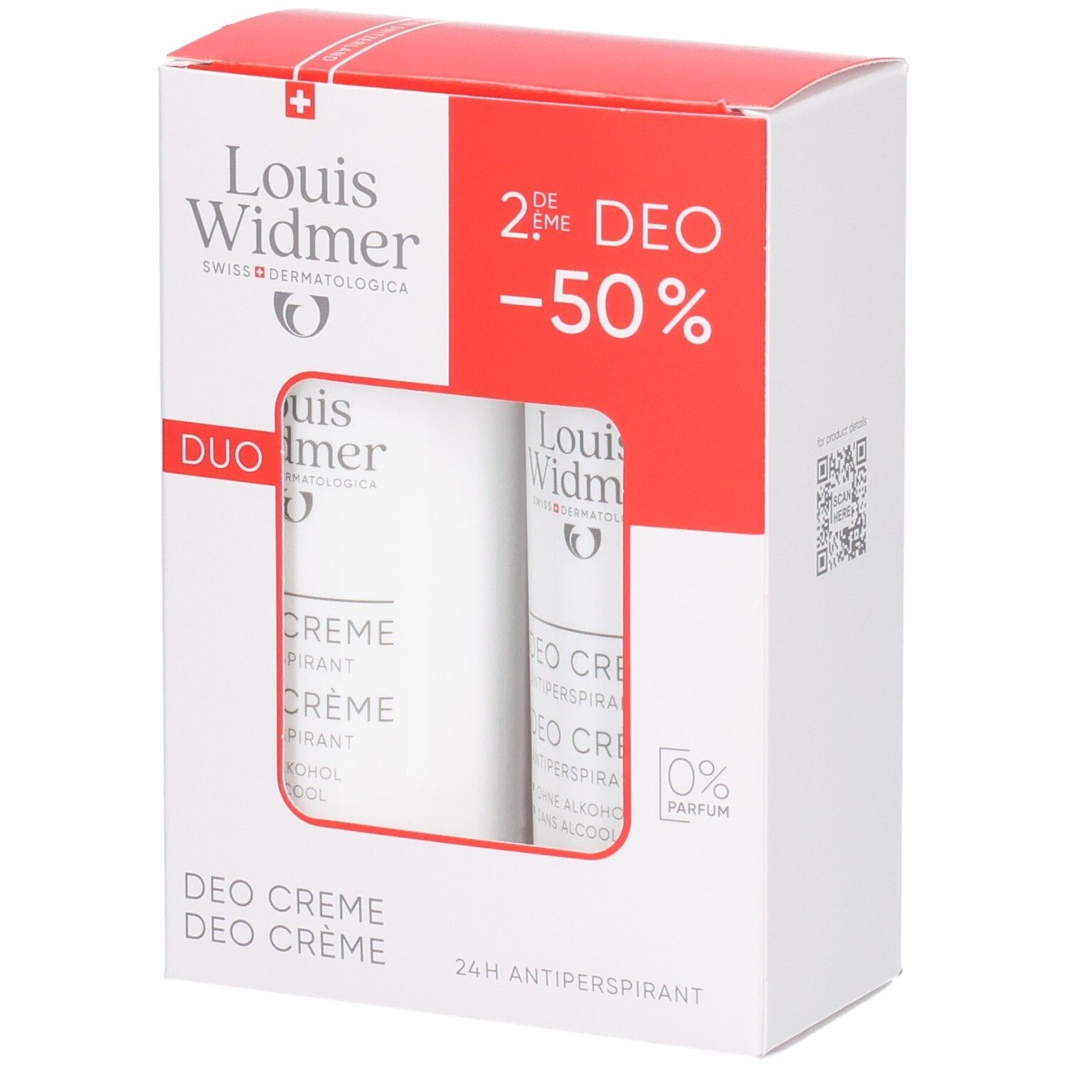 Duo-Packung Deo Crème. Weißer Karton mit roter Oberseite. Logo und Produktbezeichnung. 24h Antiperspirant.