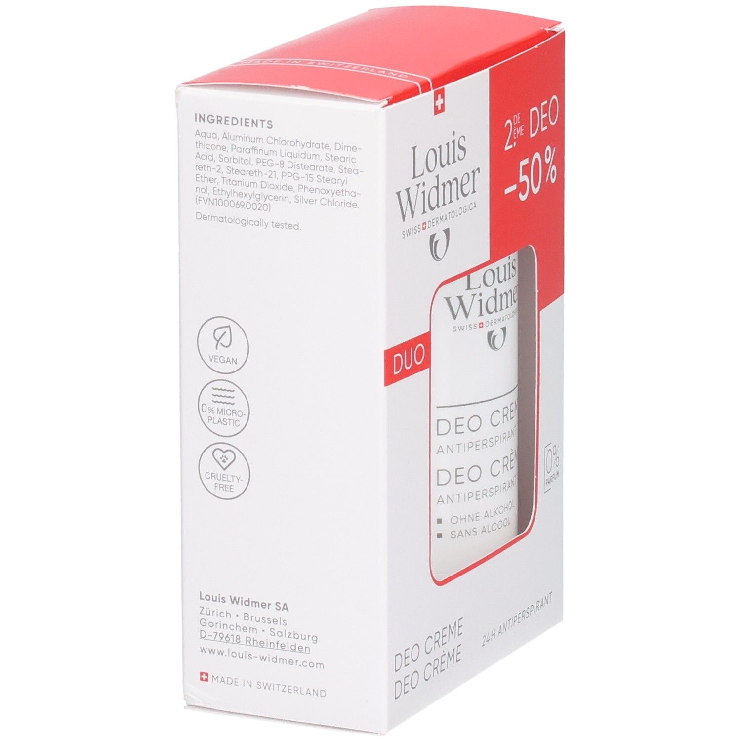 Duo-Packung Deo Crème. Rückseite mit Inhaltsstoffen, Logos und Adresse. Vegan, ohne Mikroplastik, ohne Duftstoffe.