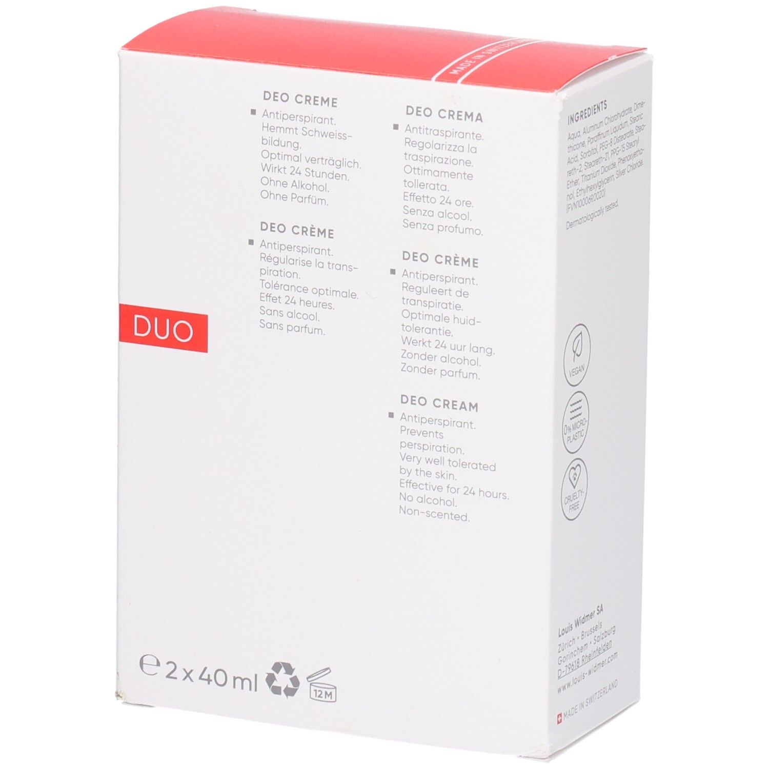 Rückseite der Duo-Packung Deo Crème. Produktbeschreibungen in Deutsch, Italienisch, Niederländisch und Englisch.