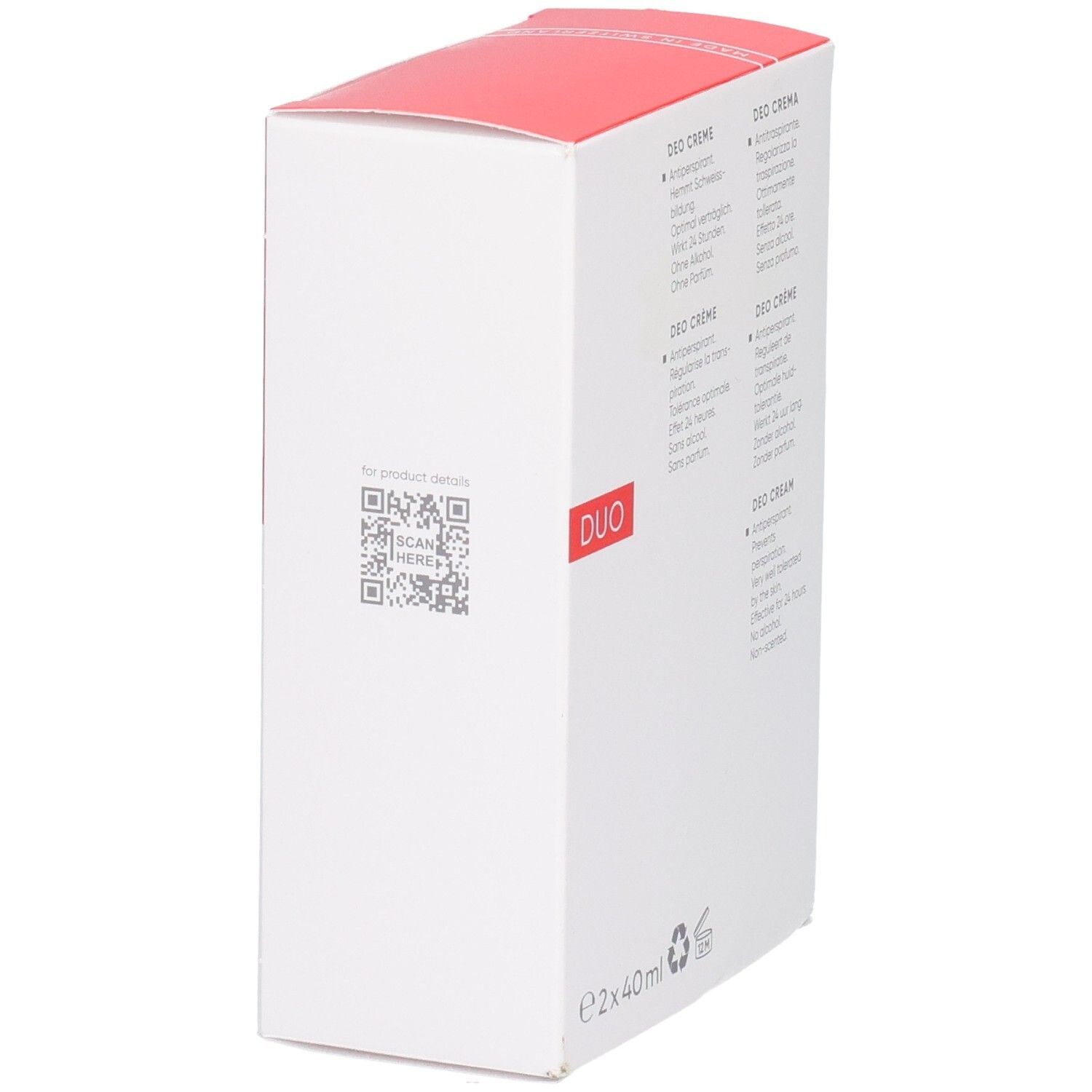 Rückseite der Duo-Packung Deo Crème. QR-Code und Produktinformationen. E2x40ml.