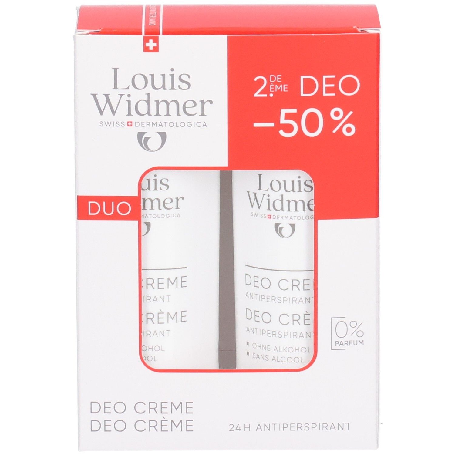 Duo-Packung Deo Crème. Weißer Karton mit roter Oberseite. Logo und Produktbezeichnung. 24h Antiperspirant.