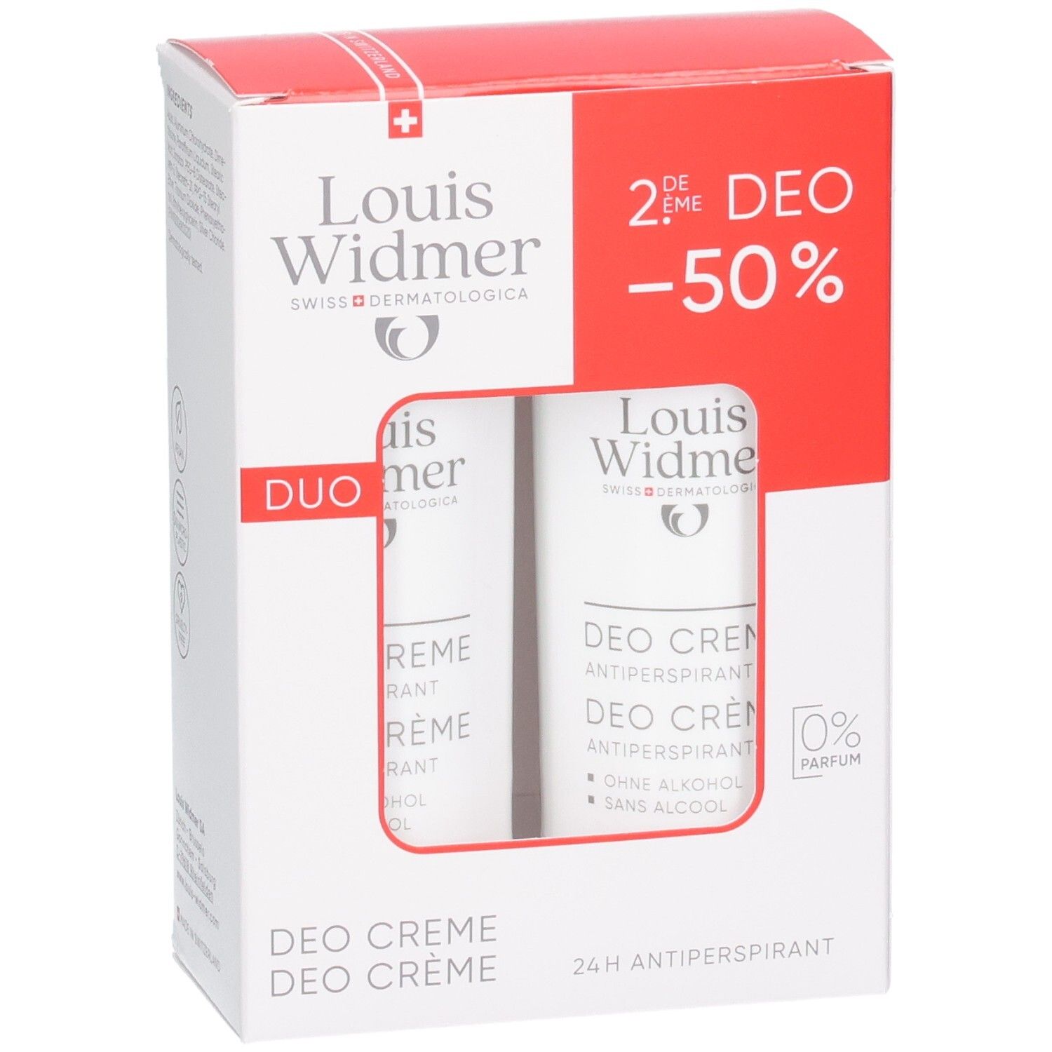 Duo-Packung Deo Crème. Weißer Karton mit roter Oberseite. Logo und Produktbezeichnung. 24h Antiperspirant.