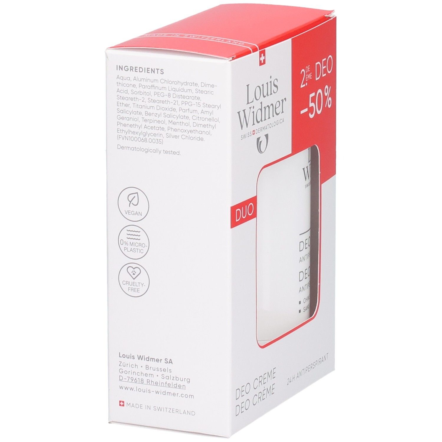 Louis Widmer Duo Packung: Rückseite mit Inhaltsstoffen und Siegeln (Vegan, Ohne Mikroplastik, Ohne Tierversuche).