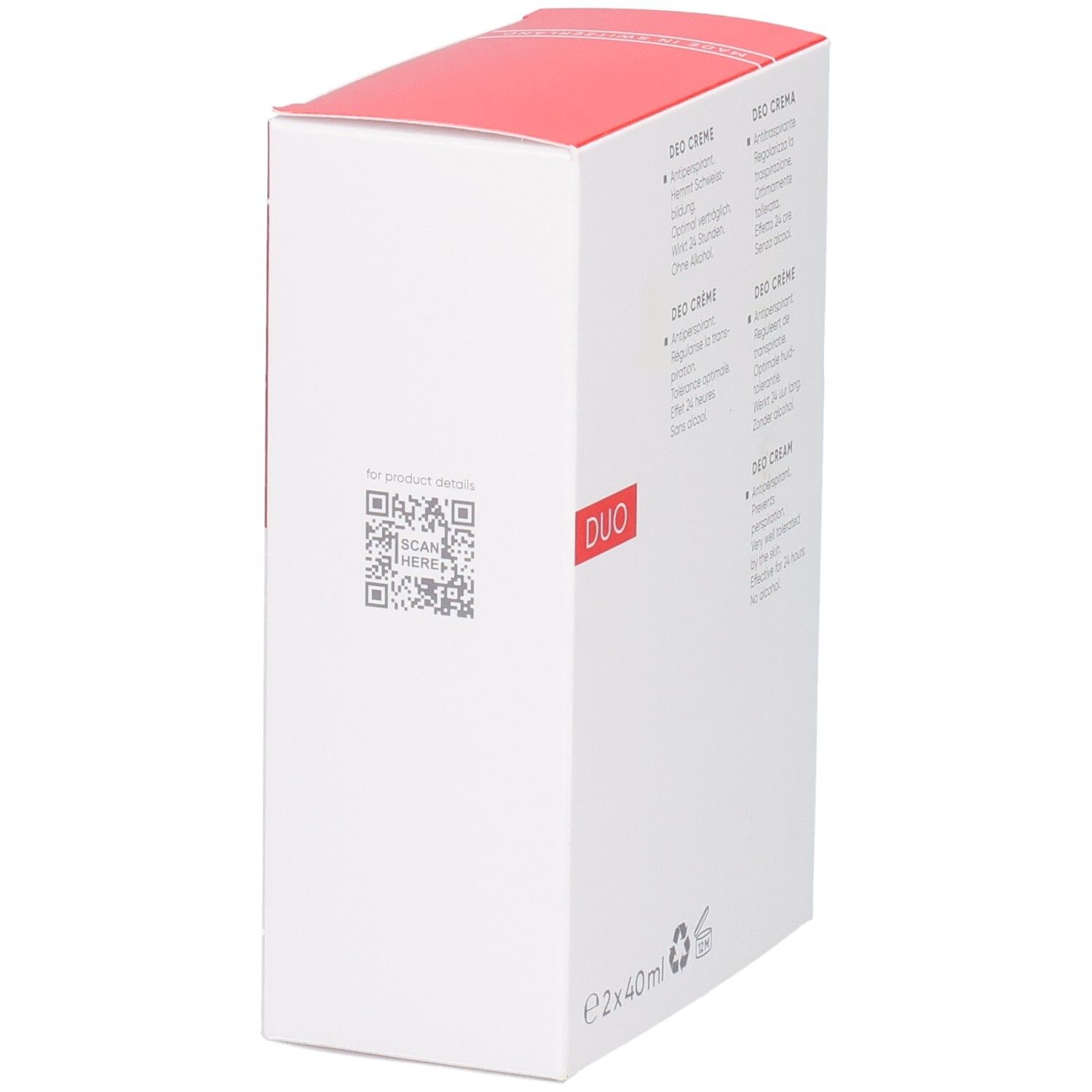 Louis Widmer Duo Packung: Seite mit QR-Code und Hinweis auf die zweite Deocreme zum halben Preis.