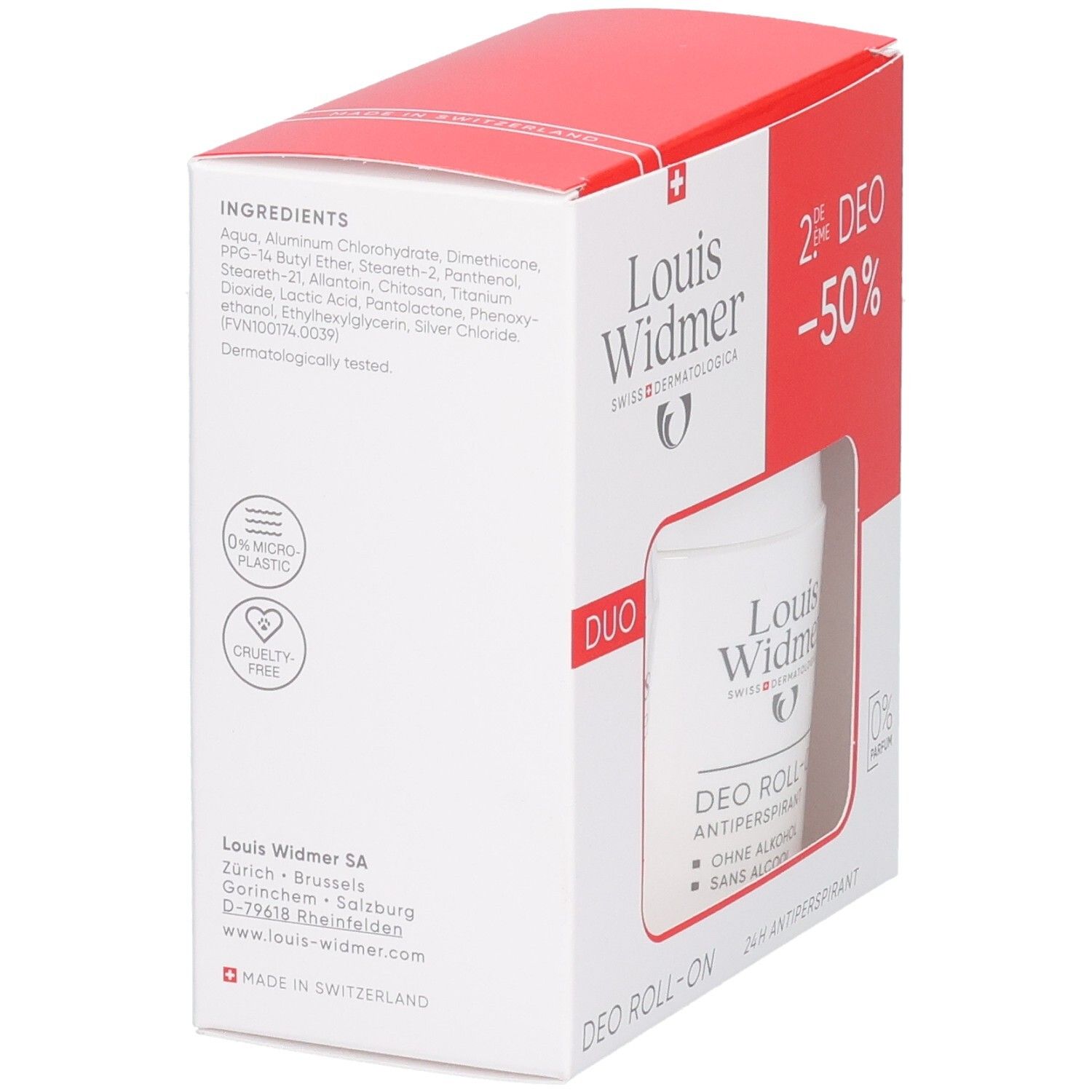 Louis Widmer Deo Roll-On Antiperspirant Duo Pack, Rückseite mit Inhaltsstoffen und Siegeln.