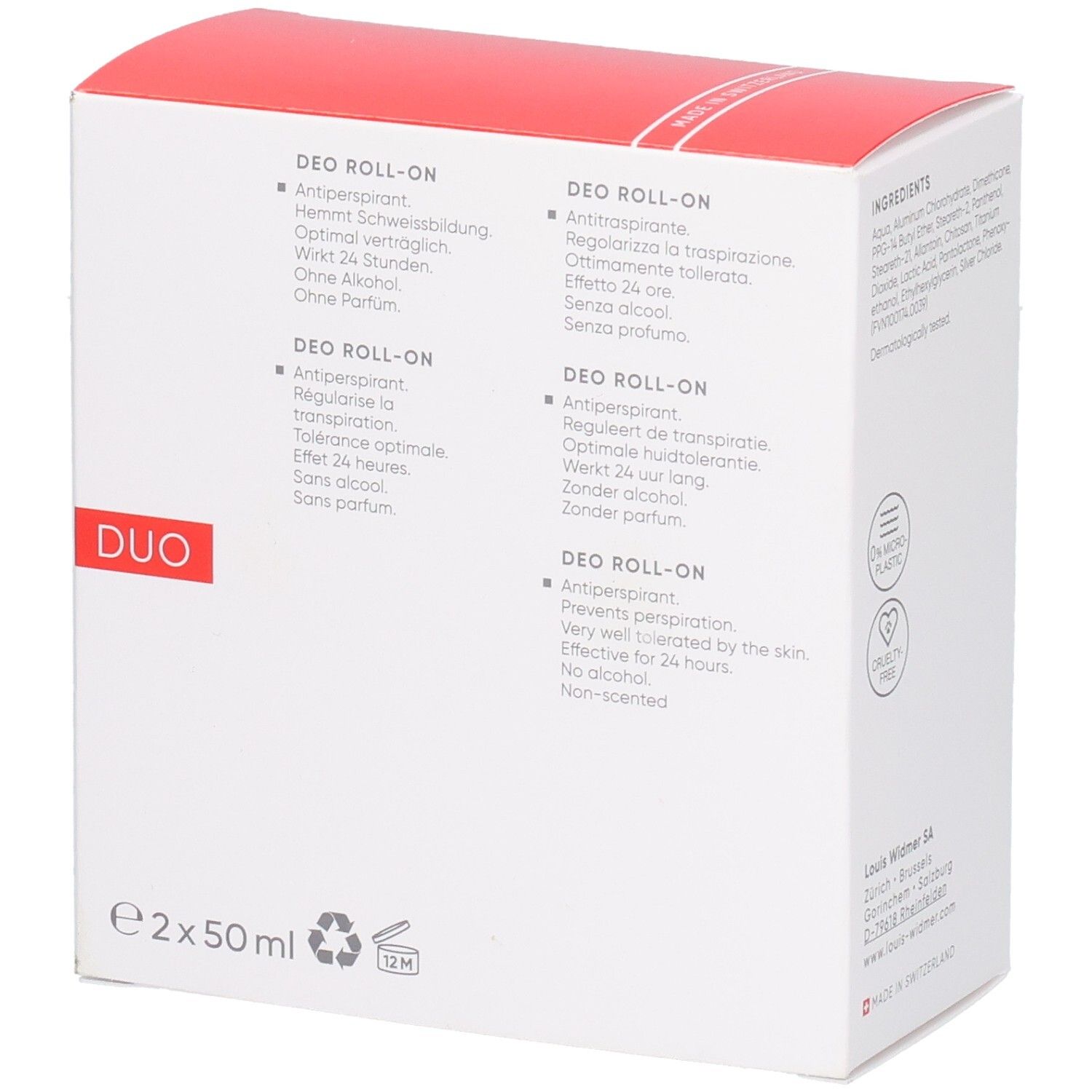 Louis Widmer Deo Roll-On Antiperspirant Duo Pack, Seitenansicht mit Produktbeschreibungen.