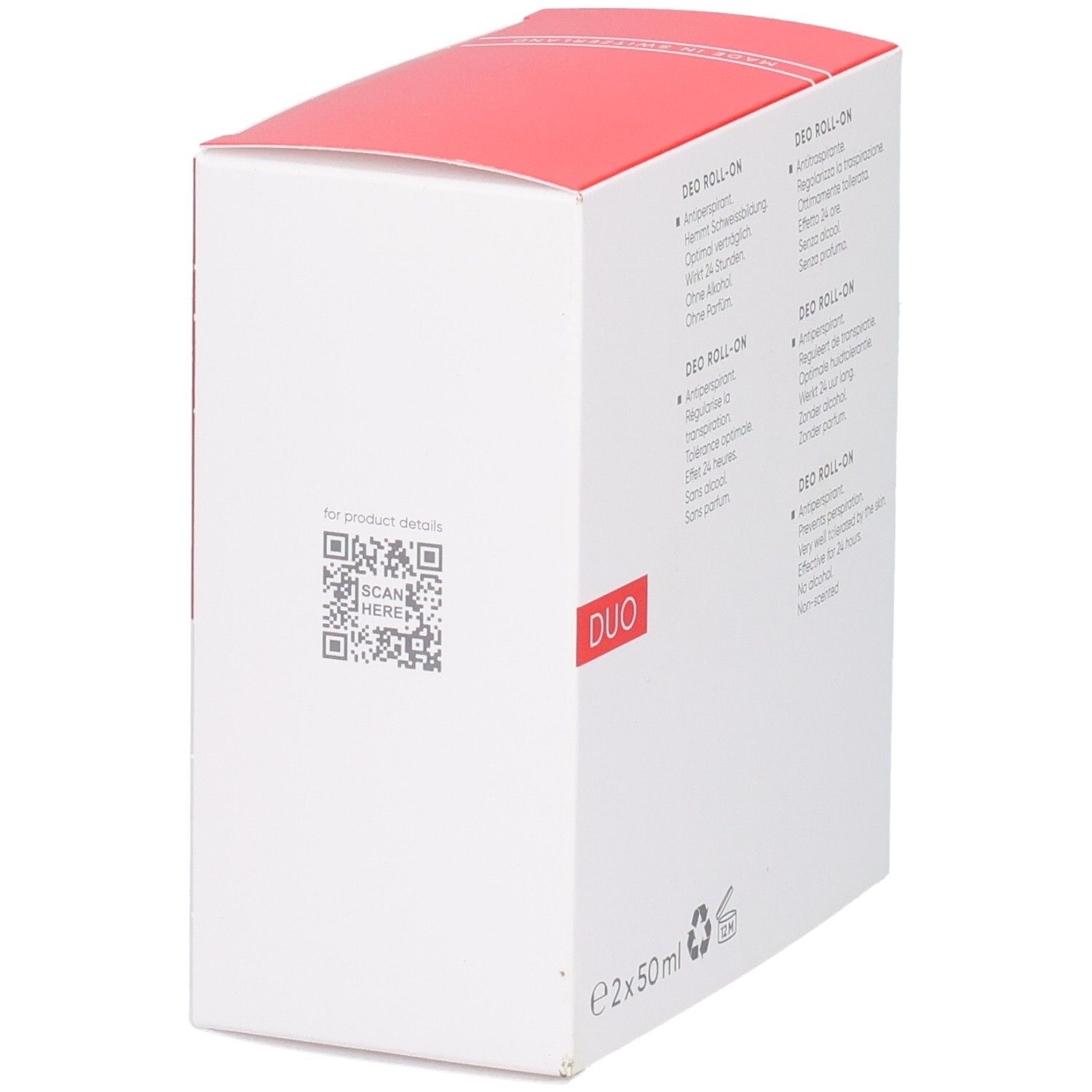 Louis Widmer Deo Roll-On Antiperspirant Duo Pack, Rückseite mit QR-Code und Produktinfos.