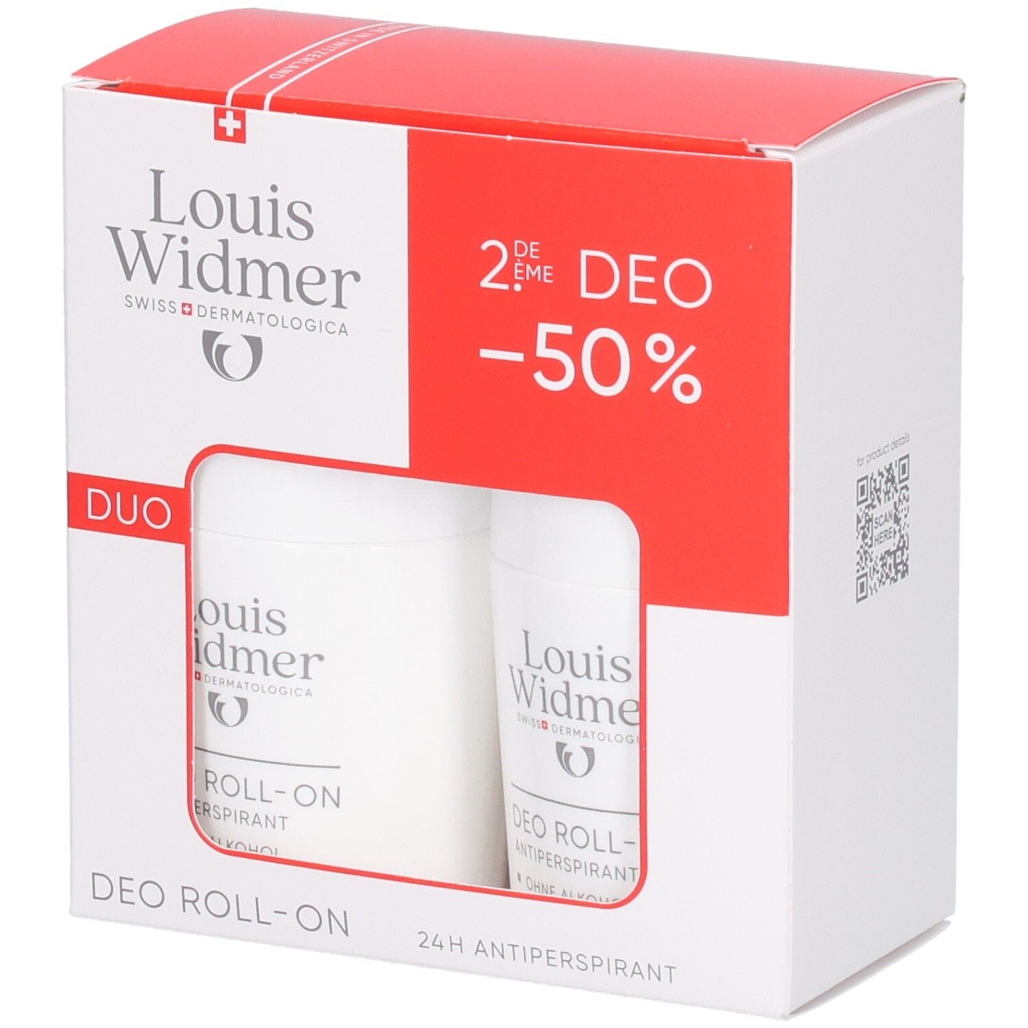 Louis Widmer Duo Deo Roll-On Antiperspirant Packung mit zwei Roll-Ons.