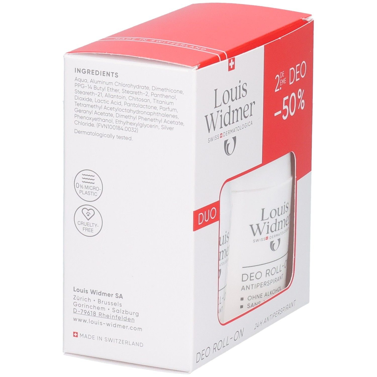 Louis Widmer Deo Roll-On Antiperspirant Packung mit Inhaltsstoffen und Siegeln.