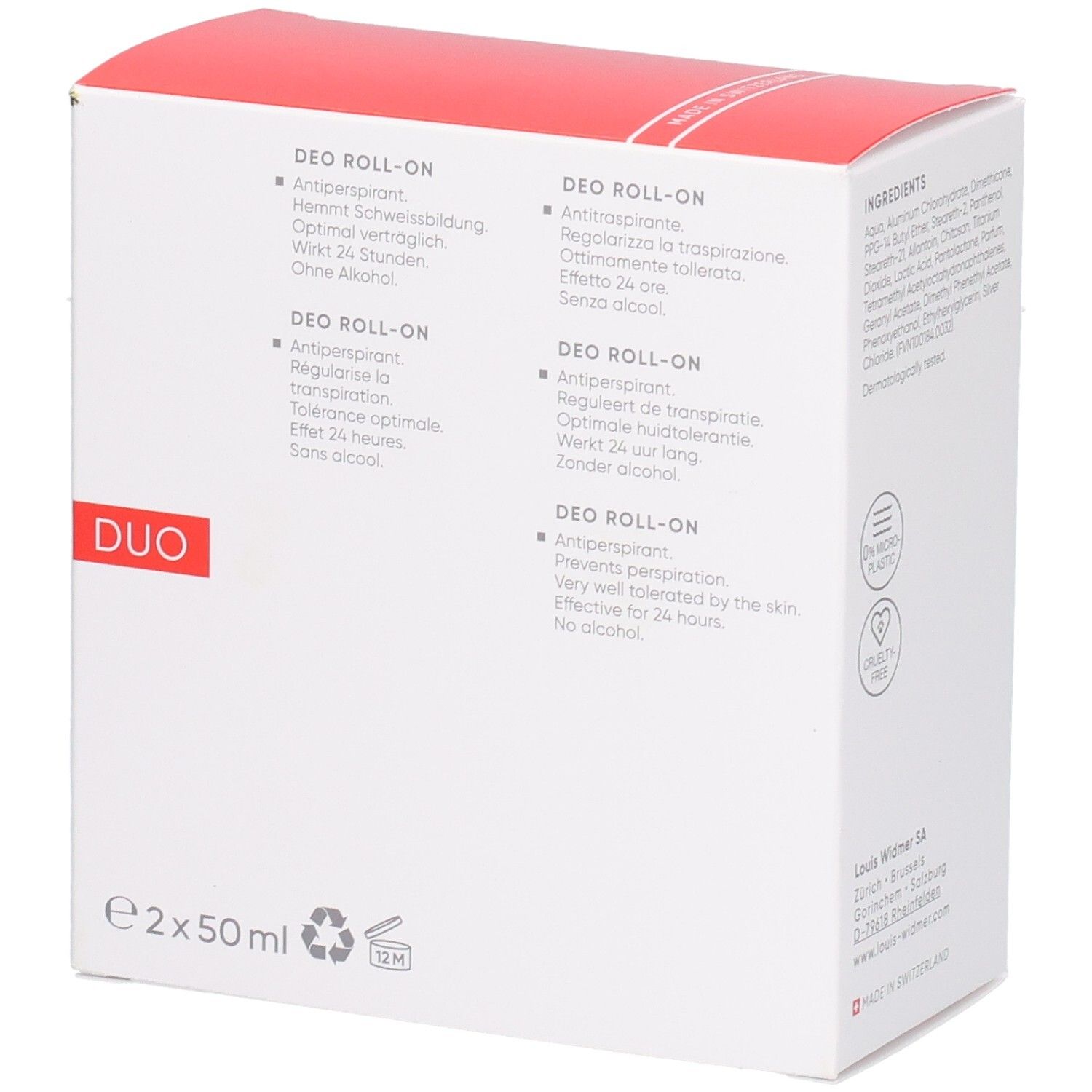 Rückseite der Louis Widmer Duo Deo Roll-On Antiperspirant Packung mit Produktinformationen.