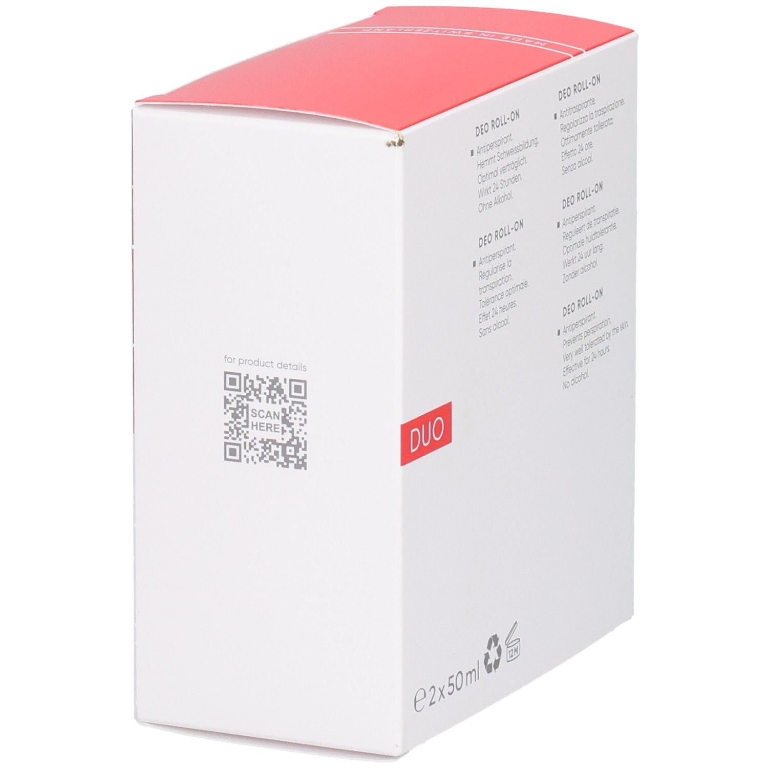 Seite der Louis Widmer Duo Deo Roll-On Antiperspirant Packung mit QR-Code.