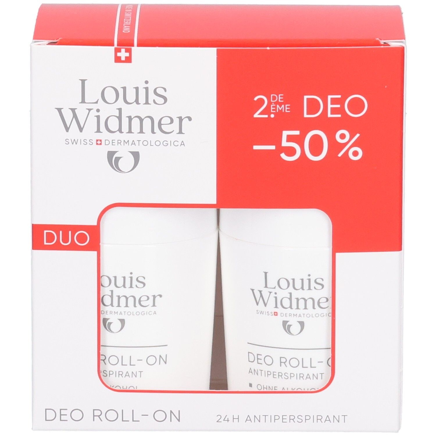 Louis Widmer Duo Deo Roll-On Antiperspirant Packung mit zwei Roll-Ons.