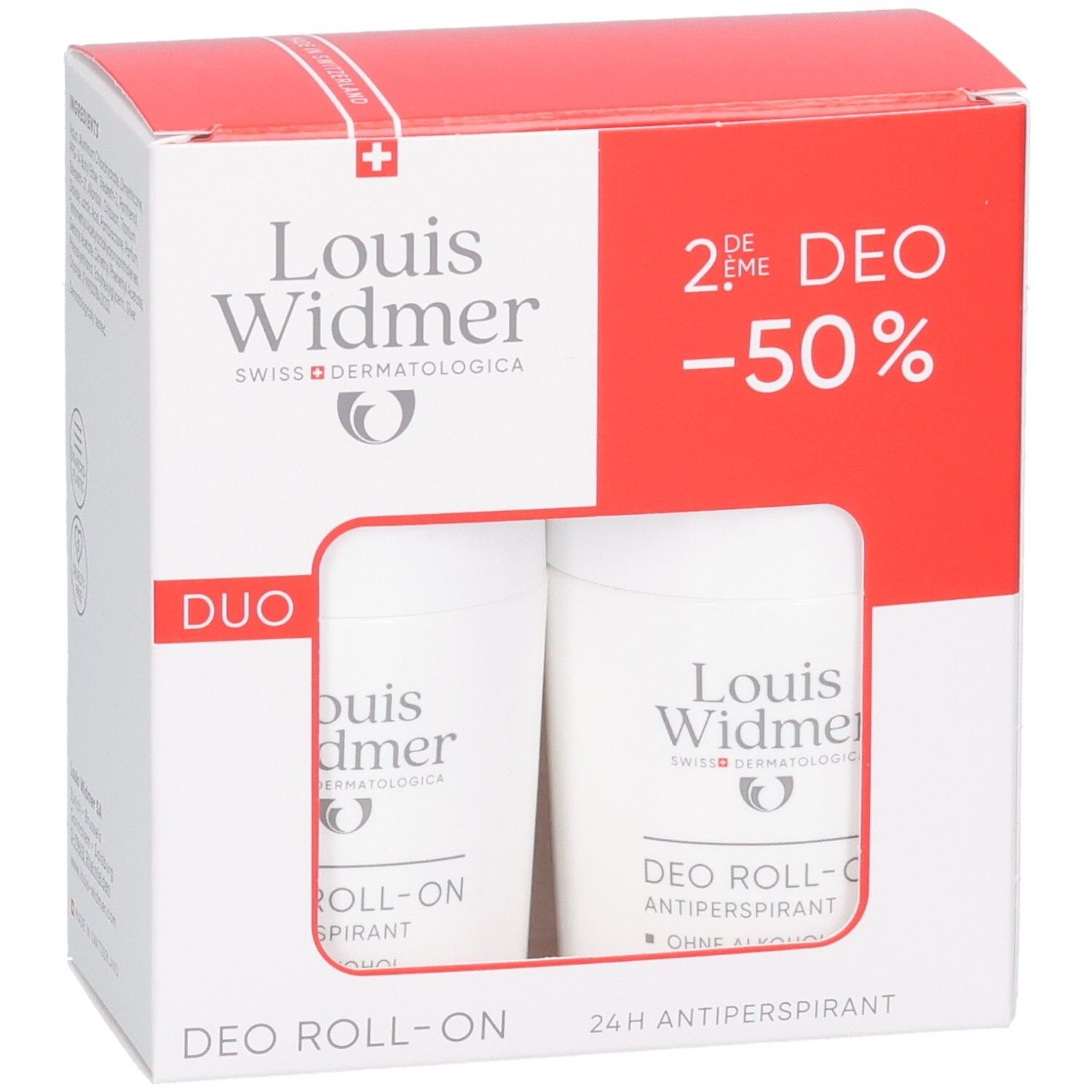Louis Widmer Duo Deo Roll-On Antiperspirant Packung mit zwei Roll-Ons.