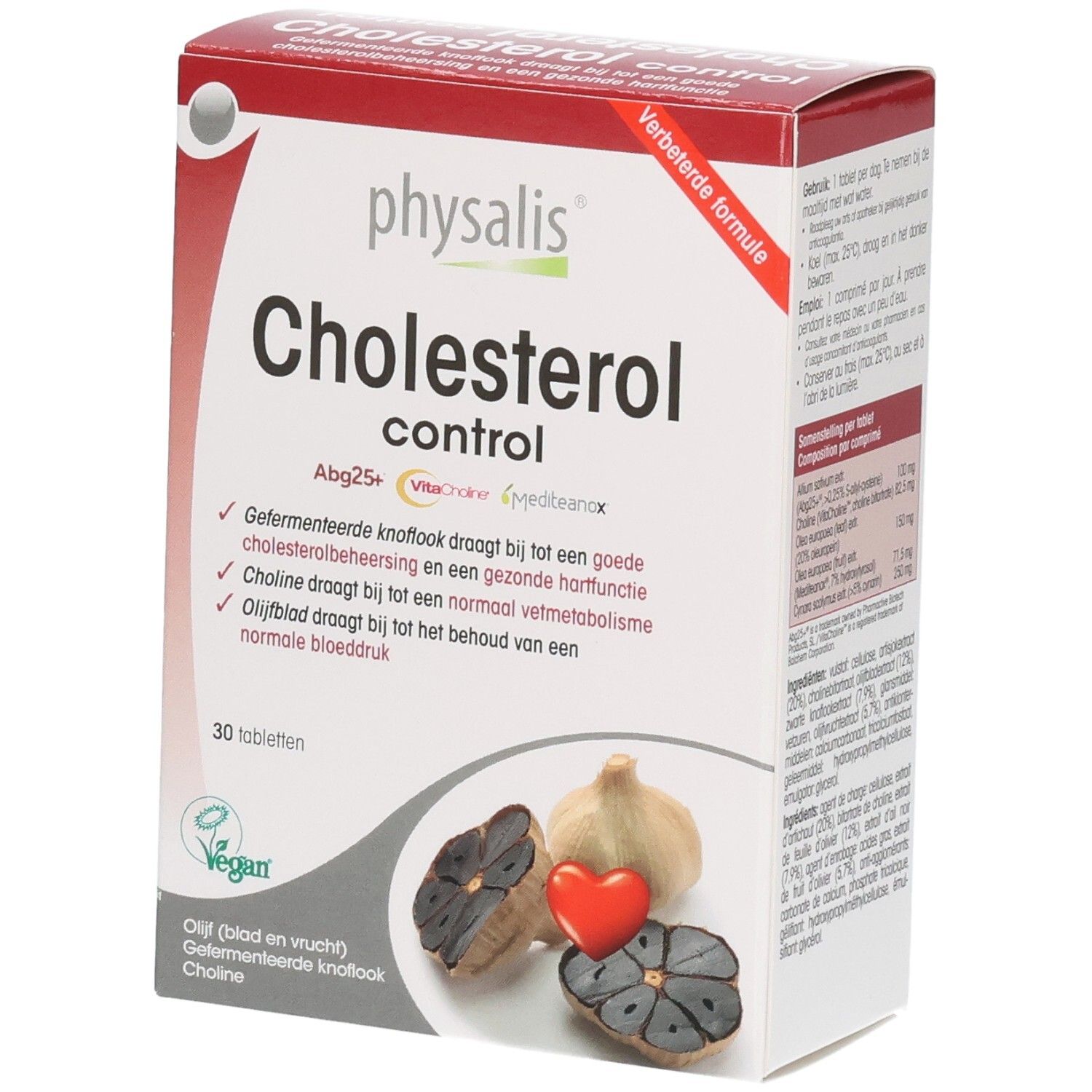 Schachtel mit Physalis Cholesterol Control Tabl 30. Enthält 30 Tabletten. Abbildung von Knoblauch und einem Herz.