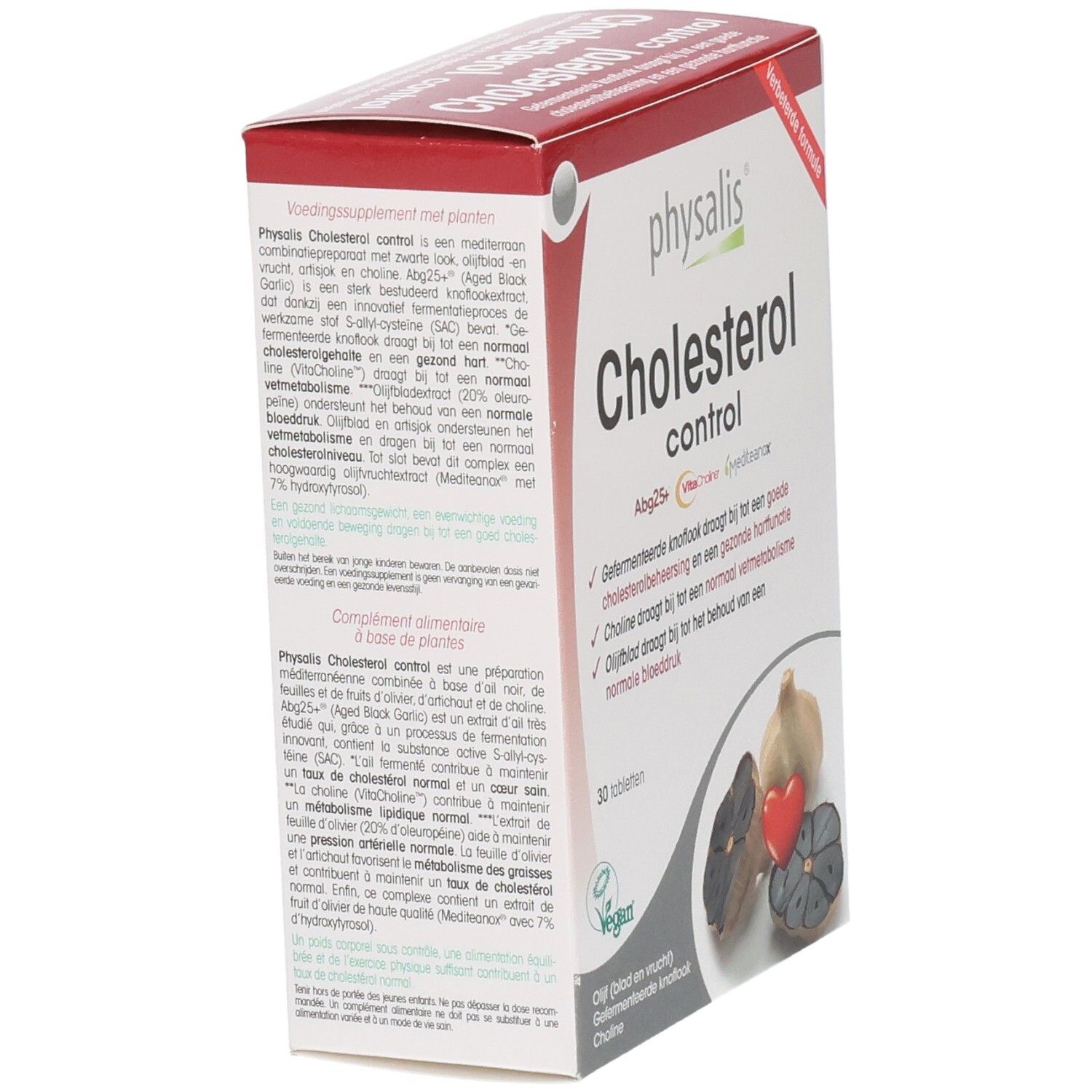 Schachtel Physalis Cholesterol Control Tabl 30. Enthält 30 Tabletten. Ansicht von der Seite. Knoblauch und Herz.
