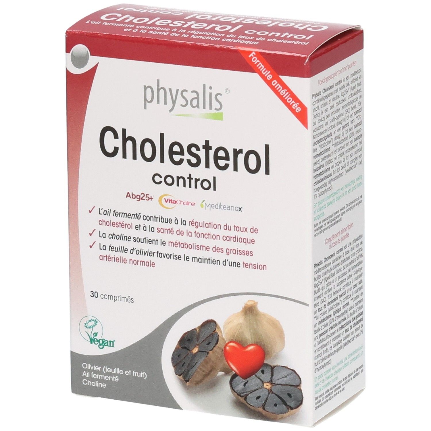 Schachtel Physalis Cholesterol Control Tabl 30. Enthält 30 Tabletten. Knoblauch und Herz abgebildet.