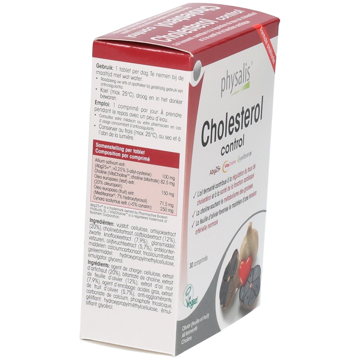 Schachtel Physalis Cholesterol Control Tabl 30. Enthält 30 Tabletten. Detailansicht der Inhaltsstoffe.
