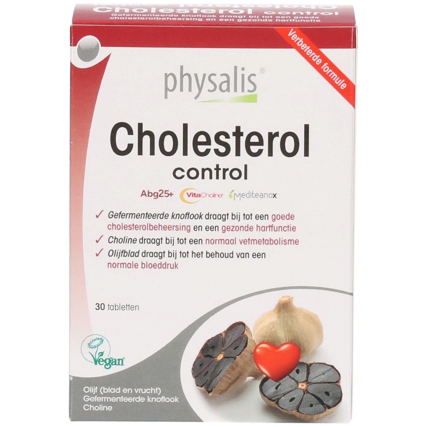 Schachtel mit Physalis Cholesterol Control Tabl 30. Enthält 30 Tabletten. Knoblauch und Herz abgebildet.
