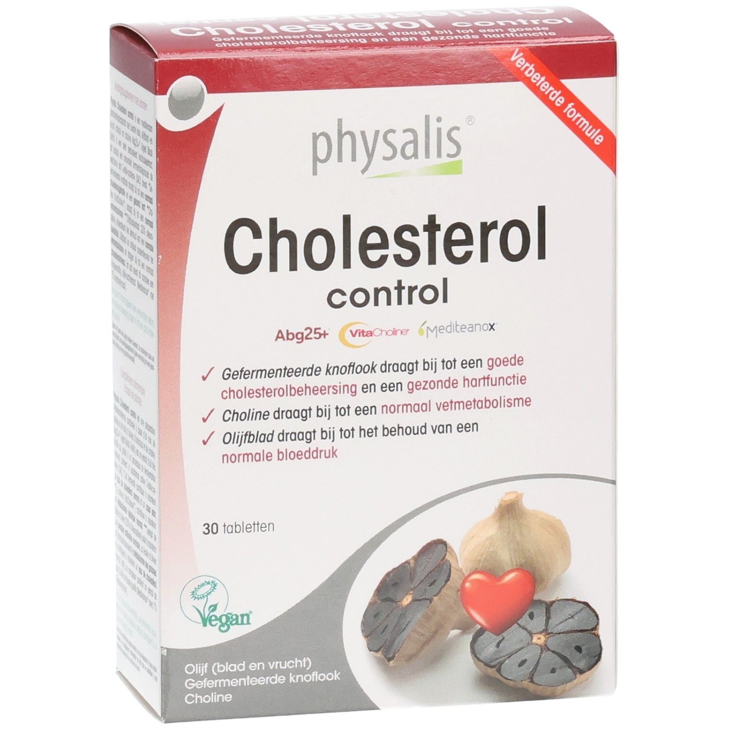 Schachtel mit Physalis Cholesterol Control Tabl 30. Enthält 30 Tabletten. Knoblauch und Herz abgebildet.