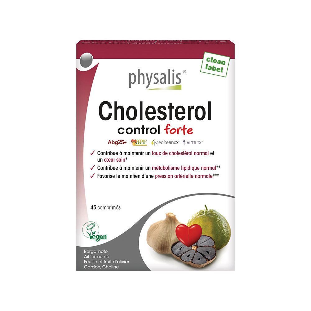 Physalis Cholesterol control forte, 45 comprimés. Emballage blanc avec illustrations d'ail, cœur et citron vert.