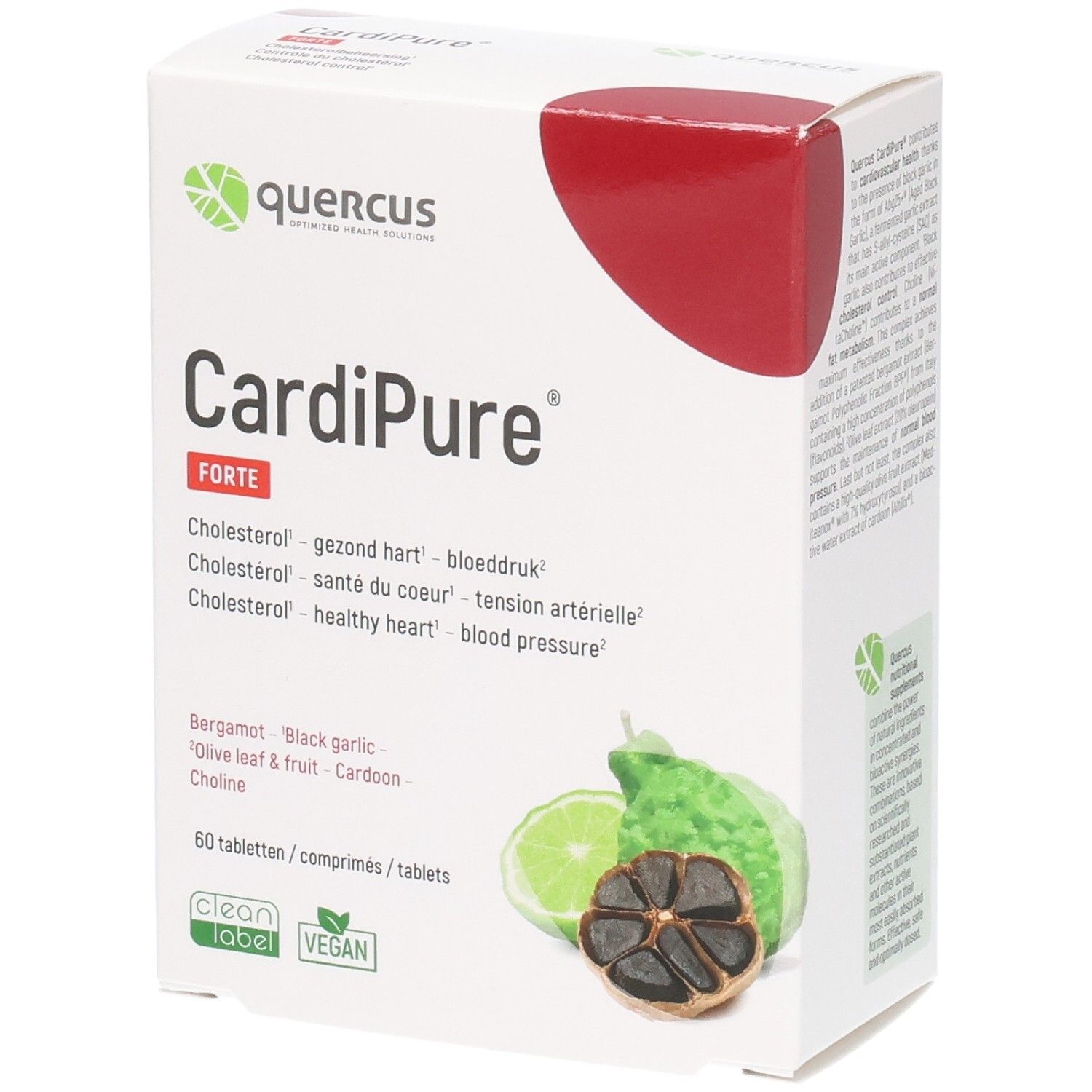 Quercus CardiPure Forte. Weiße Schachtel mit rotem Akzent. Enthält 60 Tabletten. Abbildung von Bergamotte, Knoblauch und Limette.