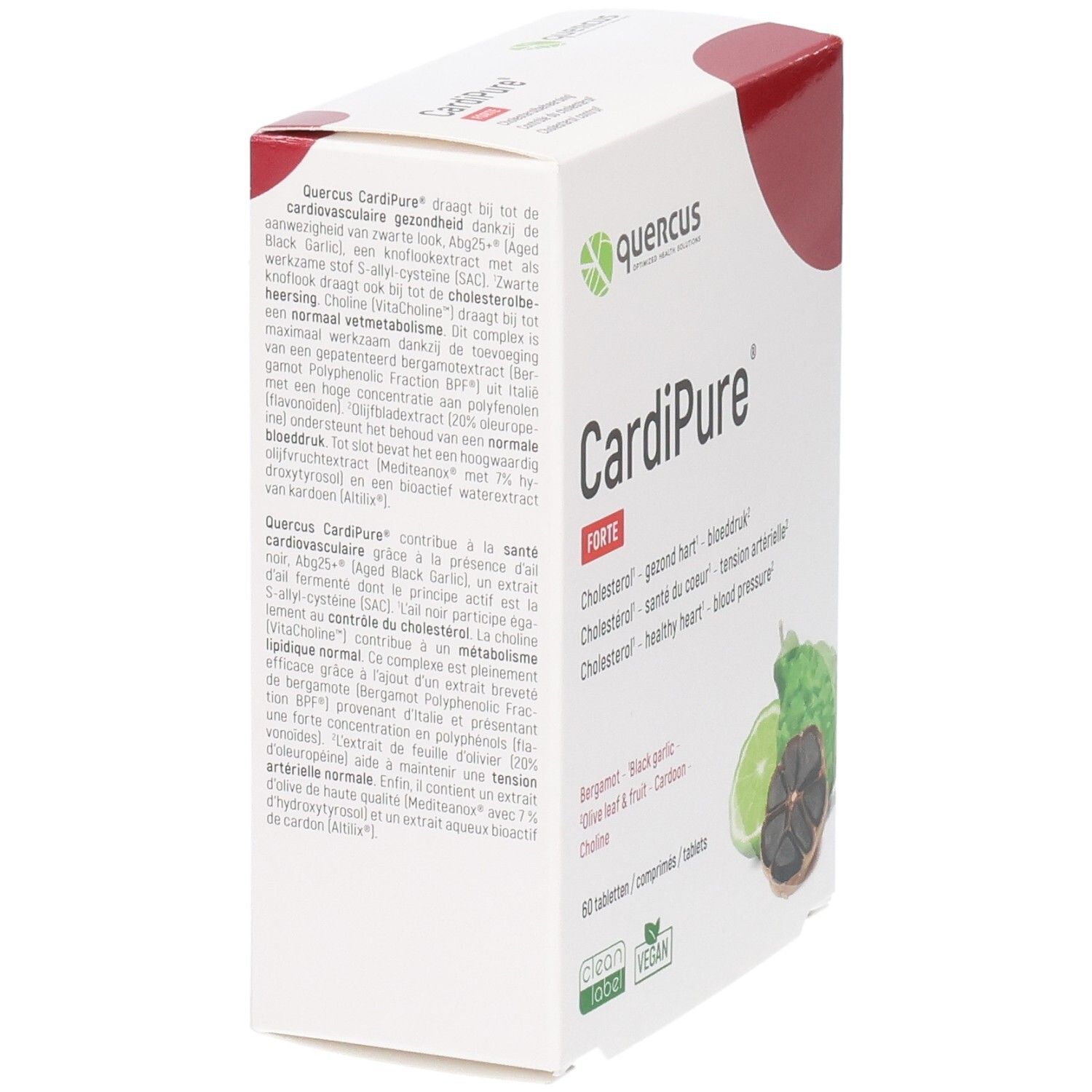 Quercus CardiPure Forte, weiße Schachtel. Seitenansicht mit Text. Enthält 60 Tabletten. Bergamotte, Knoblauch und Limette abgebildet.