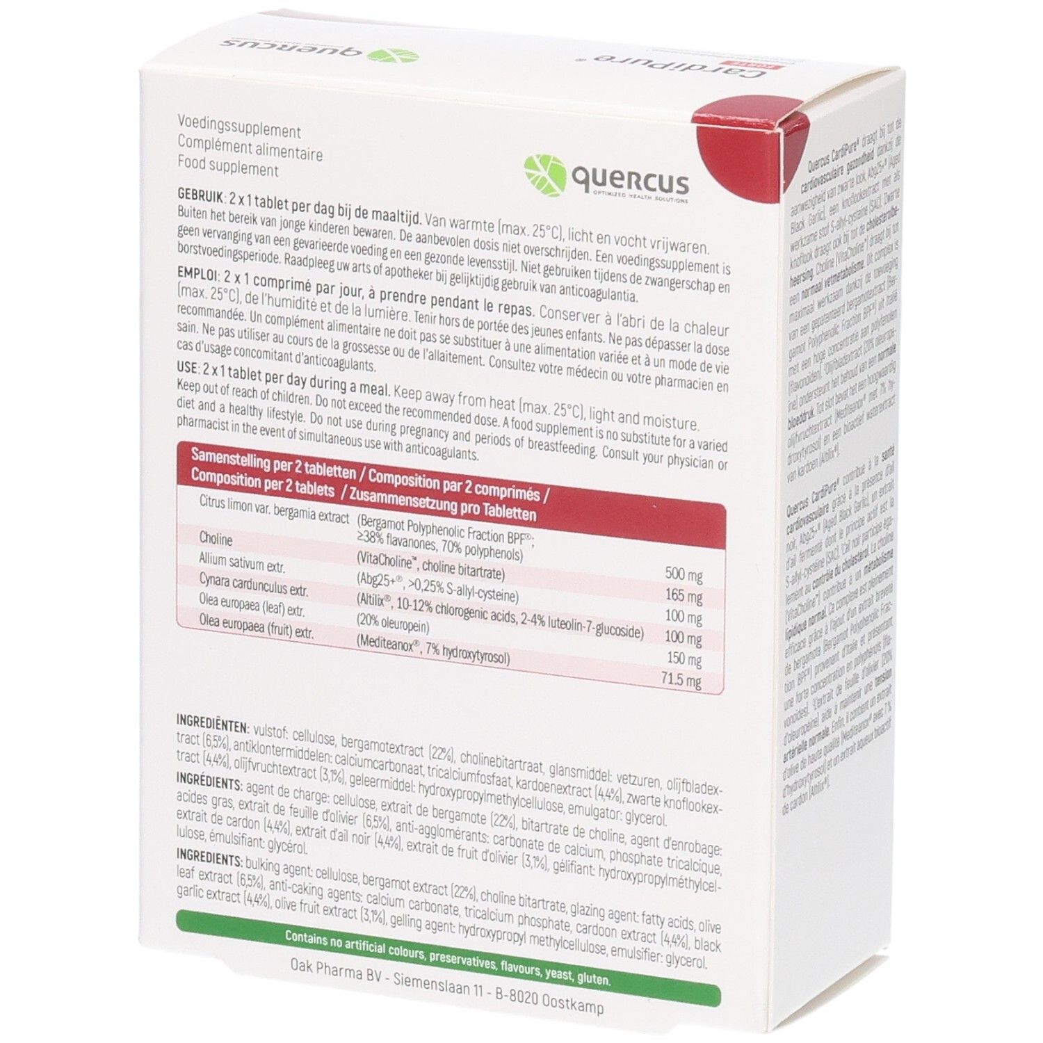 Rückseite der Quercus CardiPure Forte-Verpackung. Enthält Informationen zu Inhaltsstoffen und Dosierung. 60 Tabletten.