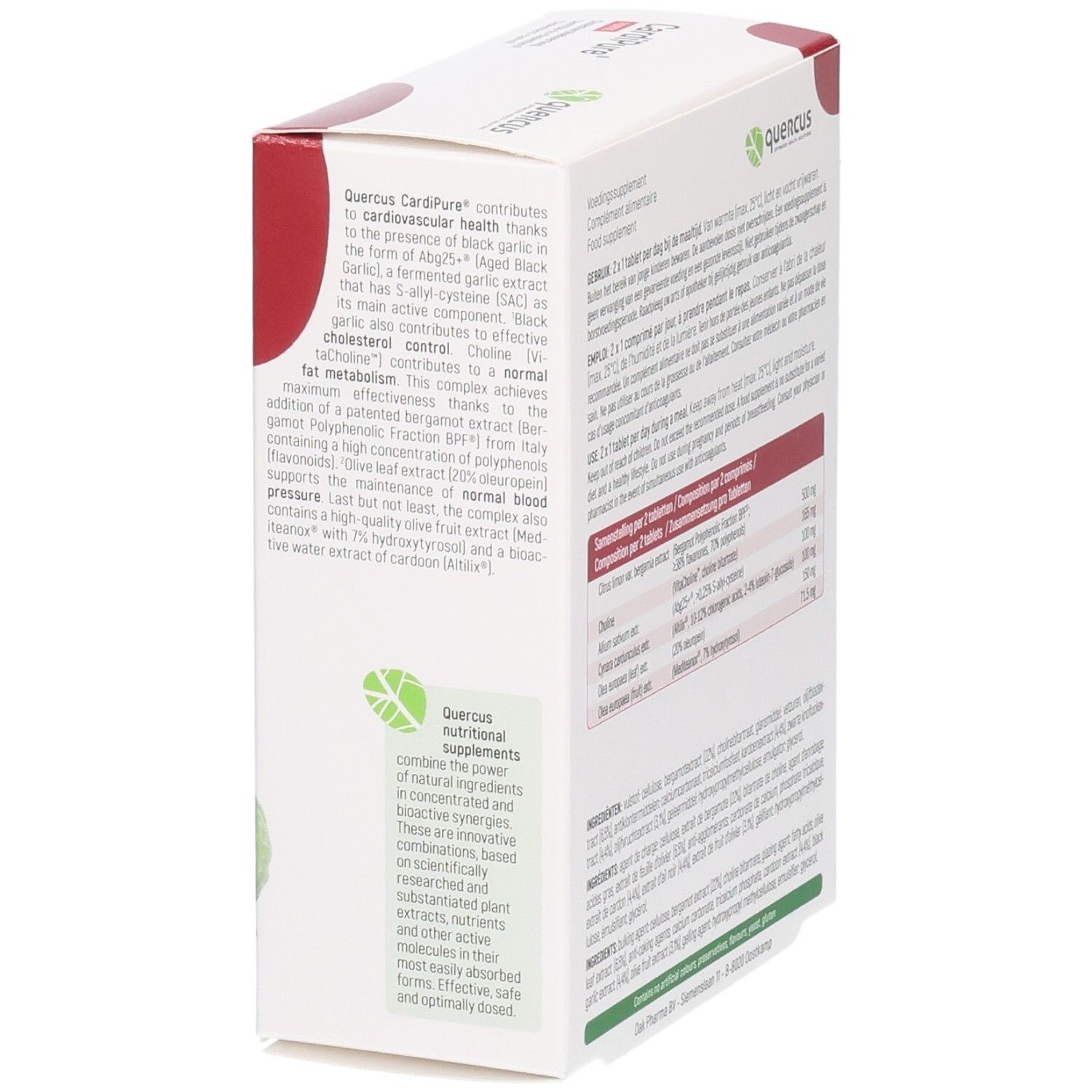 Quercus CardiPure Forte, weiße Schachtel. Seitenansicht mit Text. Enthält 60 Tabletten. Bergamotte, Knoblauch und Limette abgebildet.