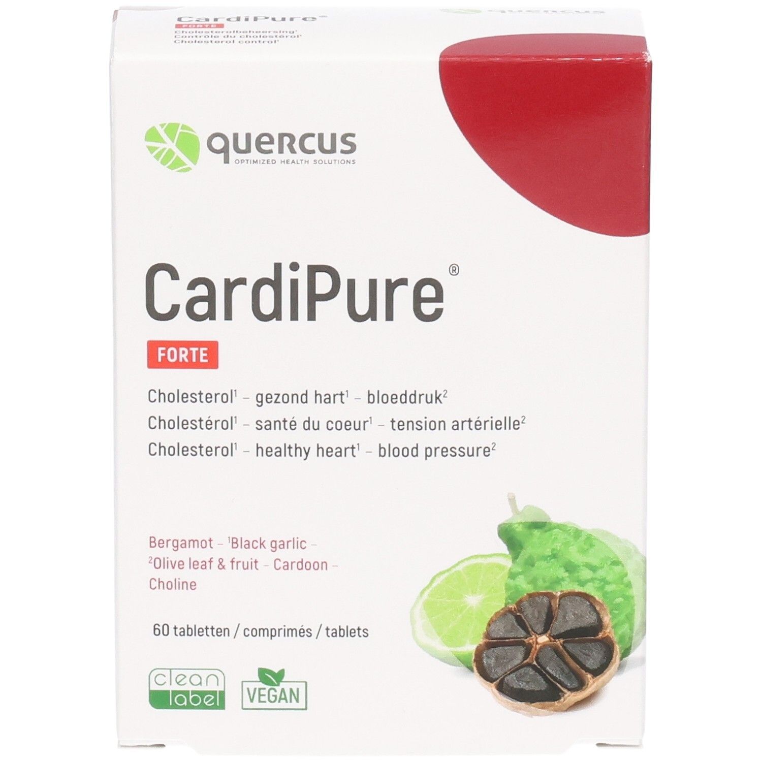 Quercus CardiPure Forte. Weiße Schachtel mit rotem Akzent. Enthält 60 Tabletten. Abbildung von Bergamotte, Knoblauch und Limette.
