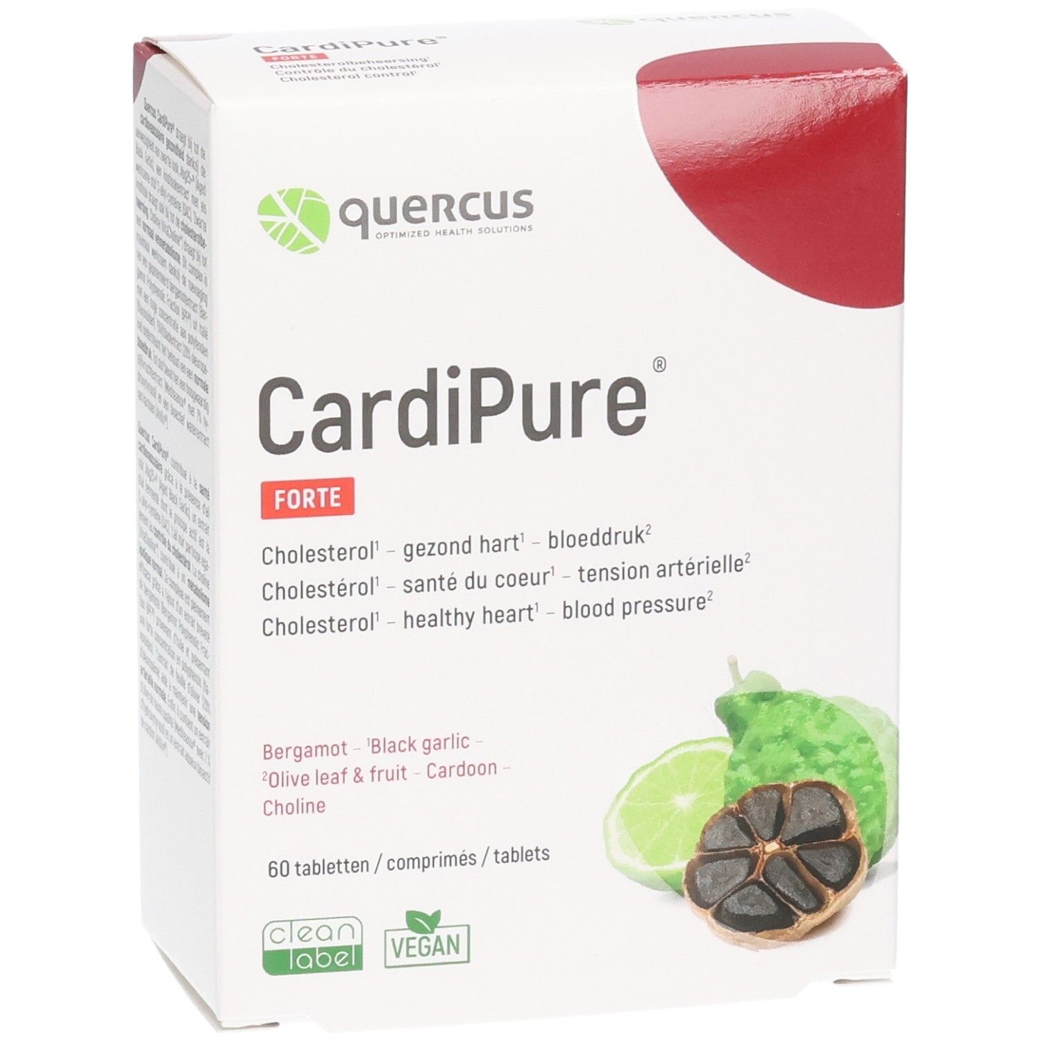 Quercus CardiPure Forte. Weiße Schachtel mit rotem Akzent. Enthält 60 Tabletten. Abbildung von Bergamotte, Knoblauch und Limette.