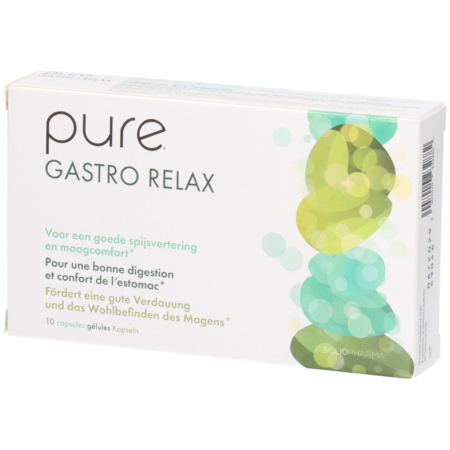 Packung Pure Gastro Relax mit 10 Kapseln. Text auf Deutsch, Niederländisch, Französisch und Italienisch.