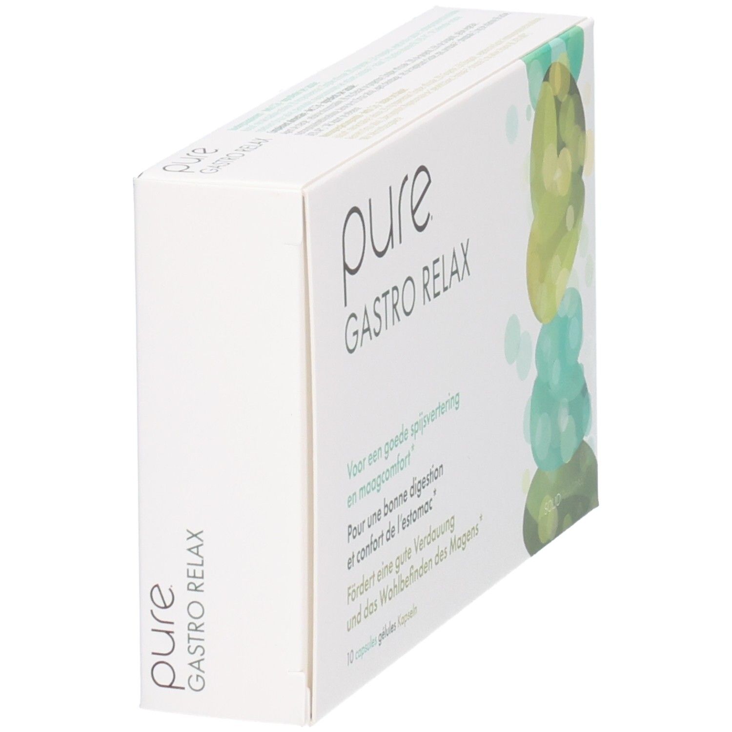 Packung Pure Gastro Relax mit 10 Kapseln, von der Seite gezeigt. Text auf Deutsch, Niederländisch, Französisch und Italienisch.