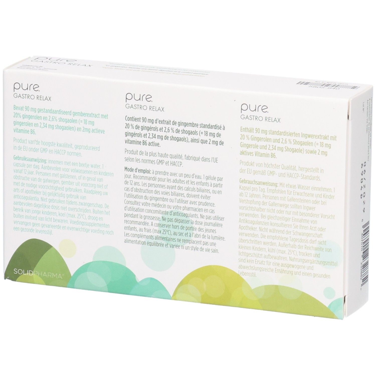 Rückseite der Packung Pure Gastro Relax mit 10 Kapseln. Enthält detaillierte Produktinformationen in mehreren Sprachen.