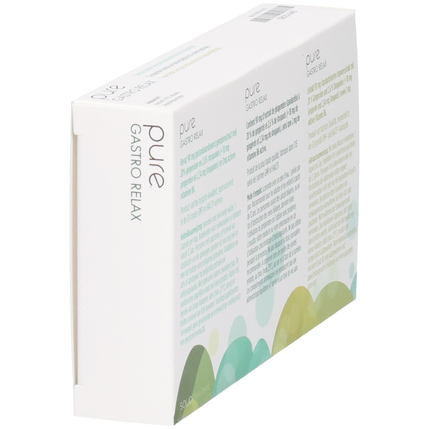 Packung Pure Gastro Relax mit 10 Kapseln, schräg von vorne gezeigt. Text auf Deutsch, Niederländisch, Französisch und Italienisch.
